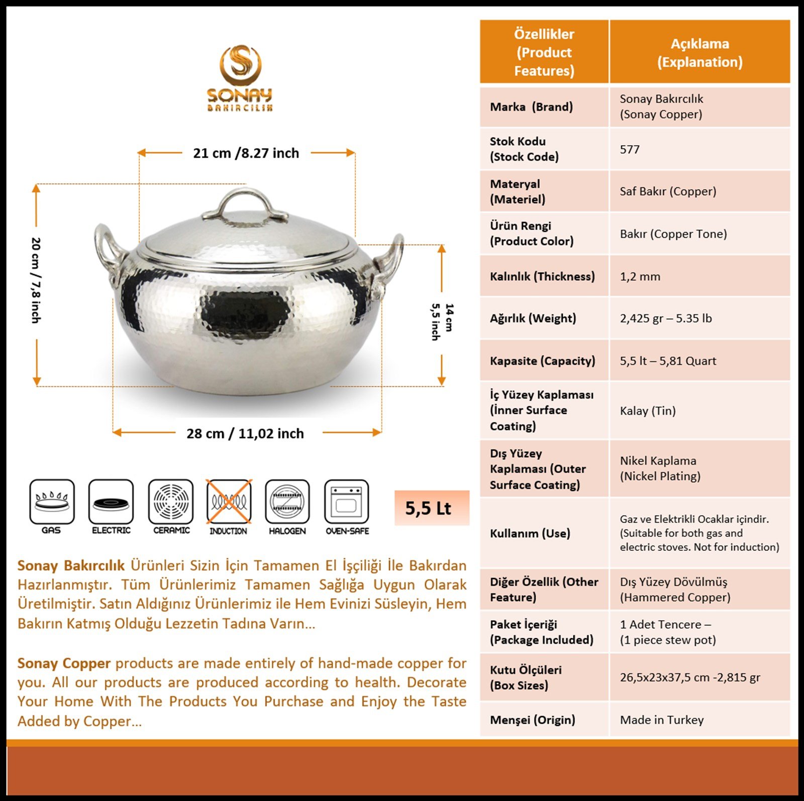 Bakır Tencere ve TavalarSonay BakırcılıkEl Dövmesi Nikelli Bakır Güveç Tencere 28 cm