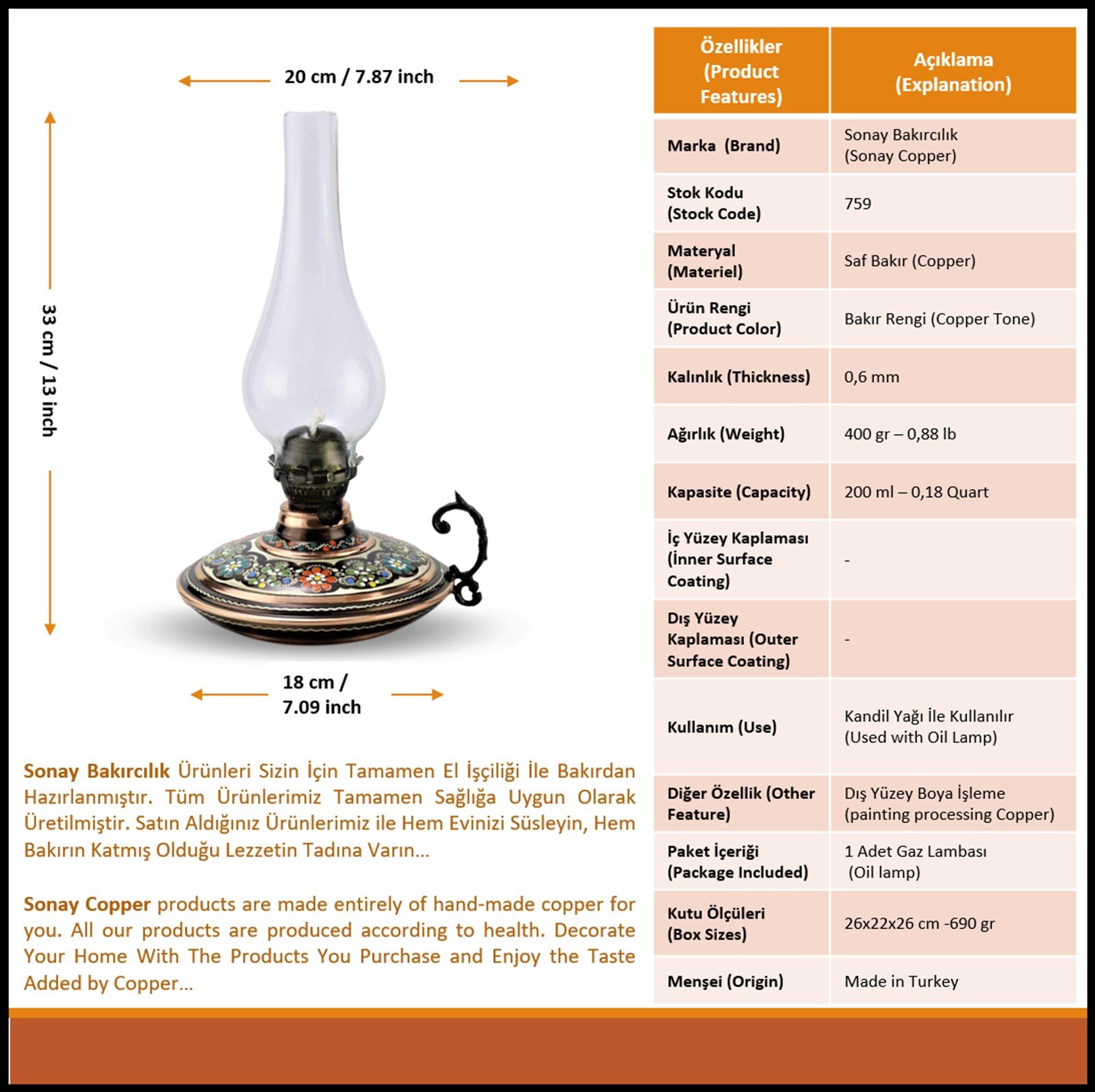 Bakır Gaz LambasıSonay BakırcılıkGül Çiçek  İşlemeli Bakır Gaz Lambası