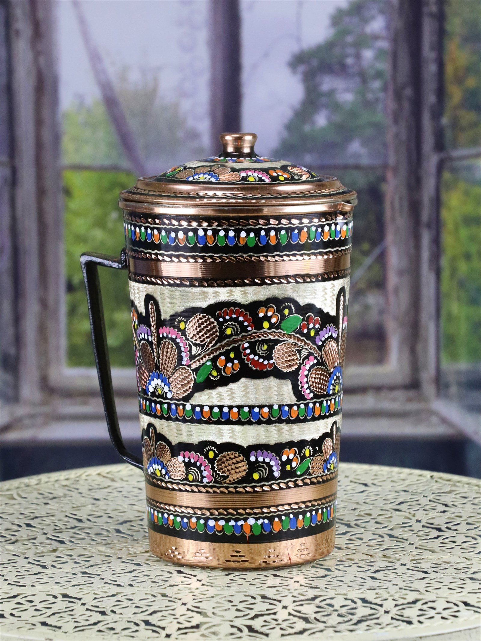 Bakır Sürahi ve MaşrabaSonay BakırcılıkGül Çiçek Dik Model İşlemeli Kapaklı Bakır Sürahi