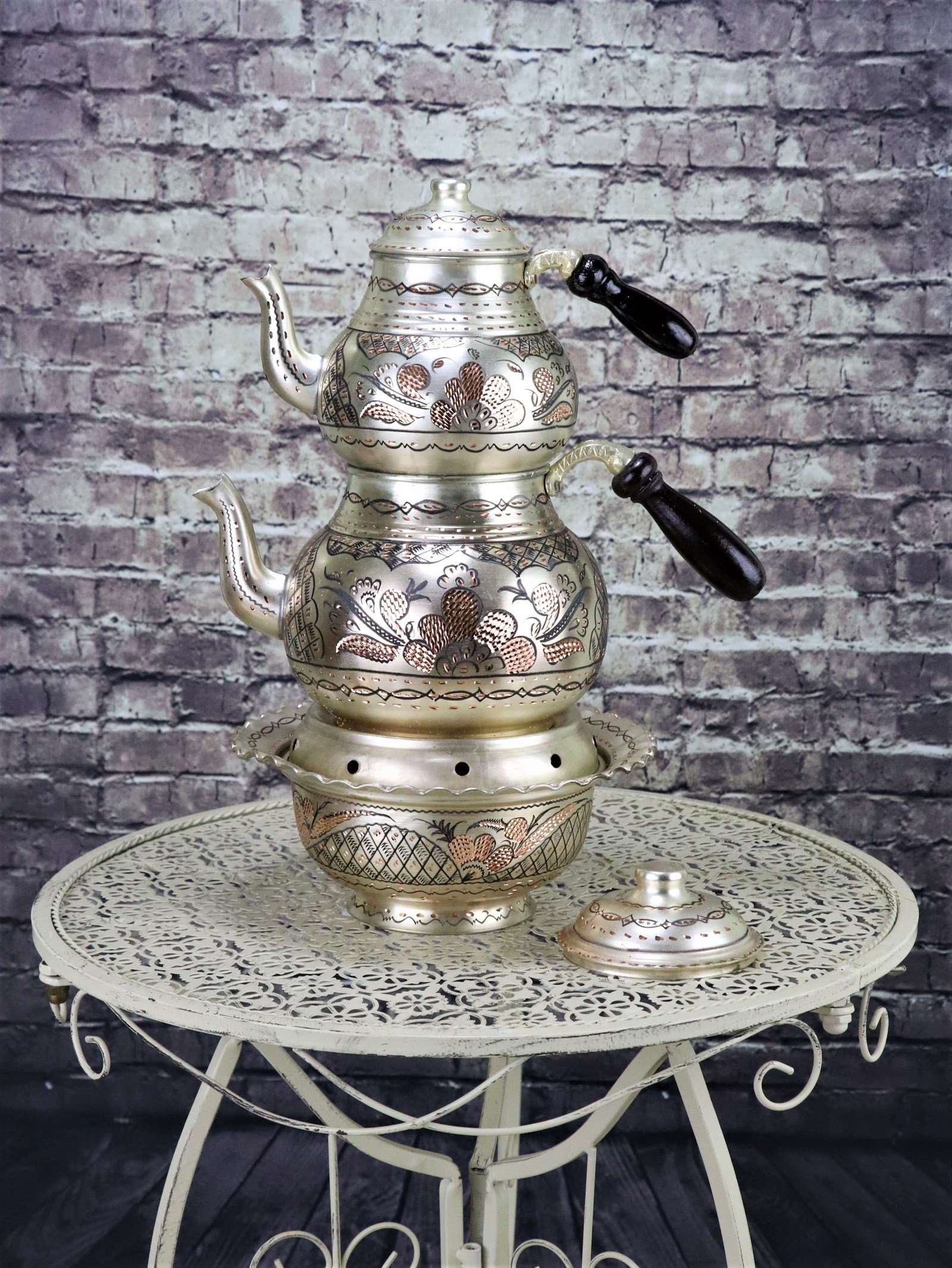 Bakır ÇaydanlıkSonay BakırcılıkGül Çiçek Gümüşlü Bakır Çaydanlık ve Osmanlı Ocağı