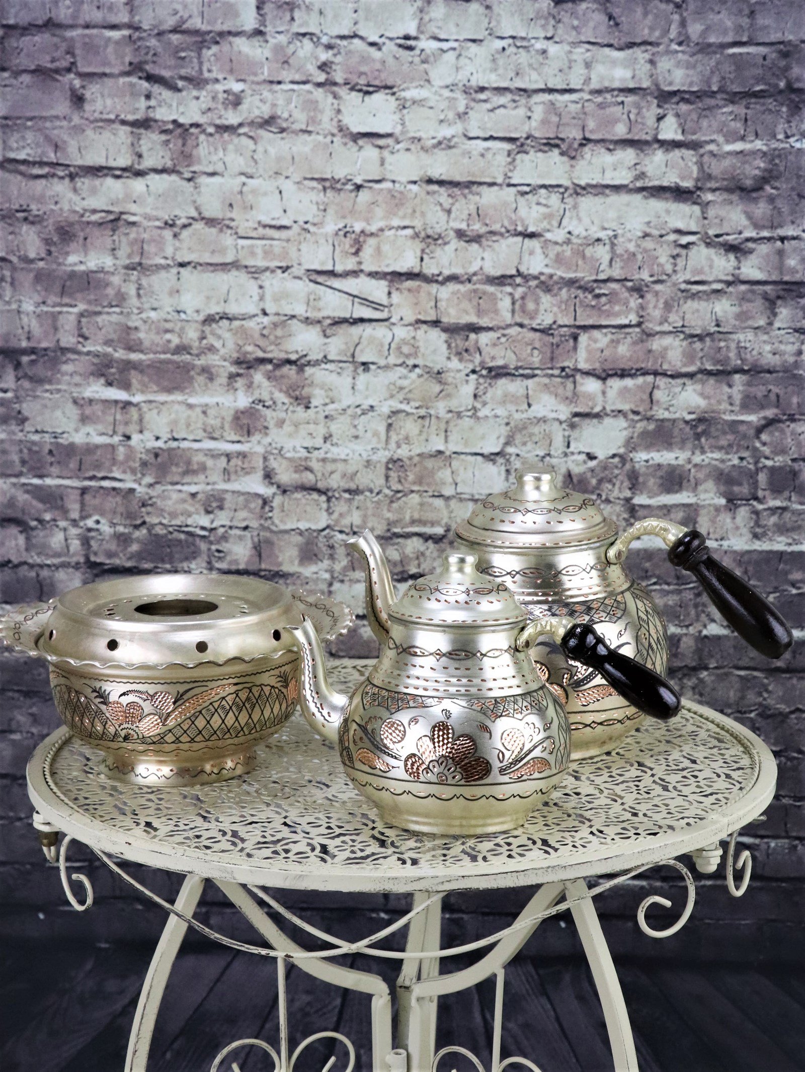 Bakır ÇaydanlıkSonay BakırcılıkGül Çiçek Gümüşlü Bakır Çaydanlık ve Osmanlı Ocağı