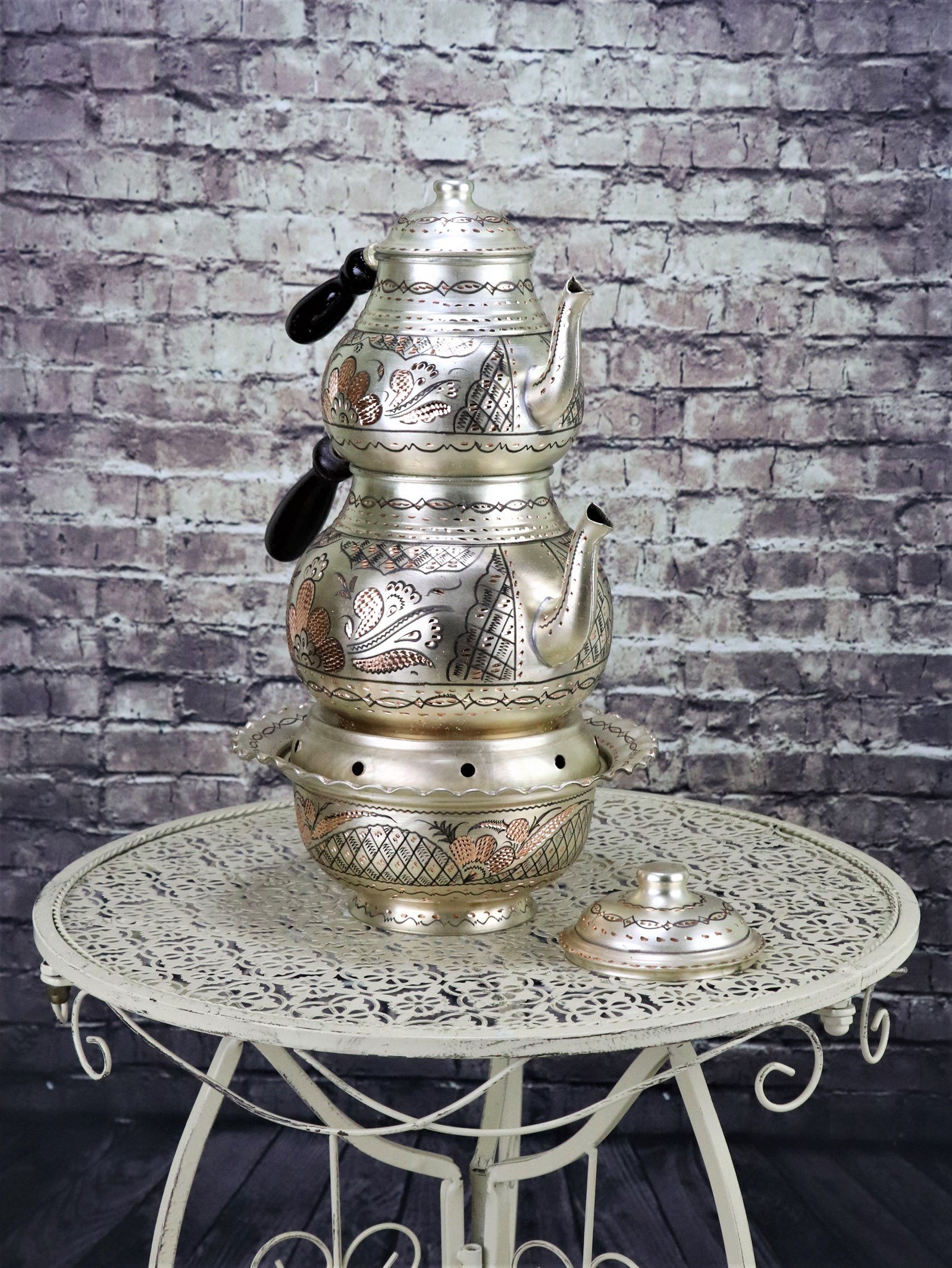 Bakır ÇaydanlıkSonay BakırcılıkGül Çiçek Gümüşlü Bakır Çaydanlık ve Osmanlı Ocağı