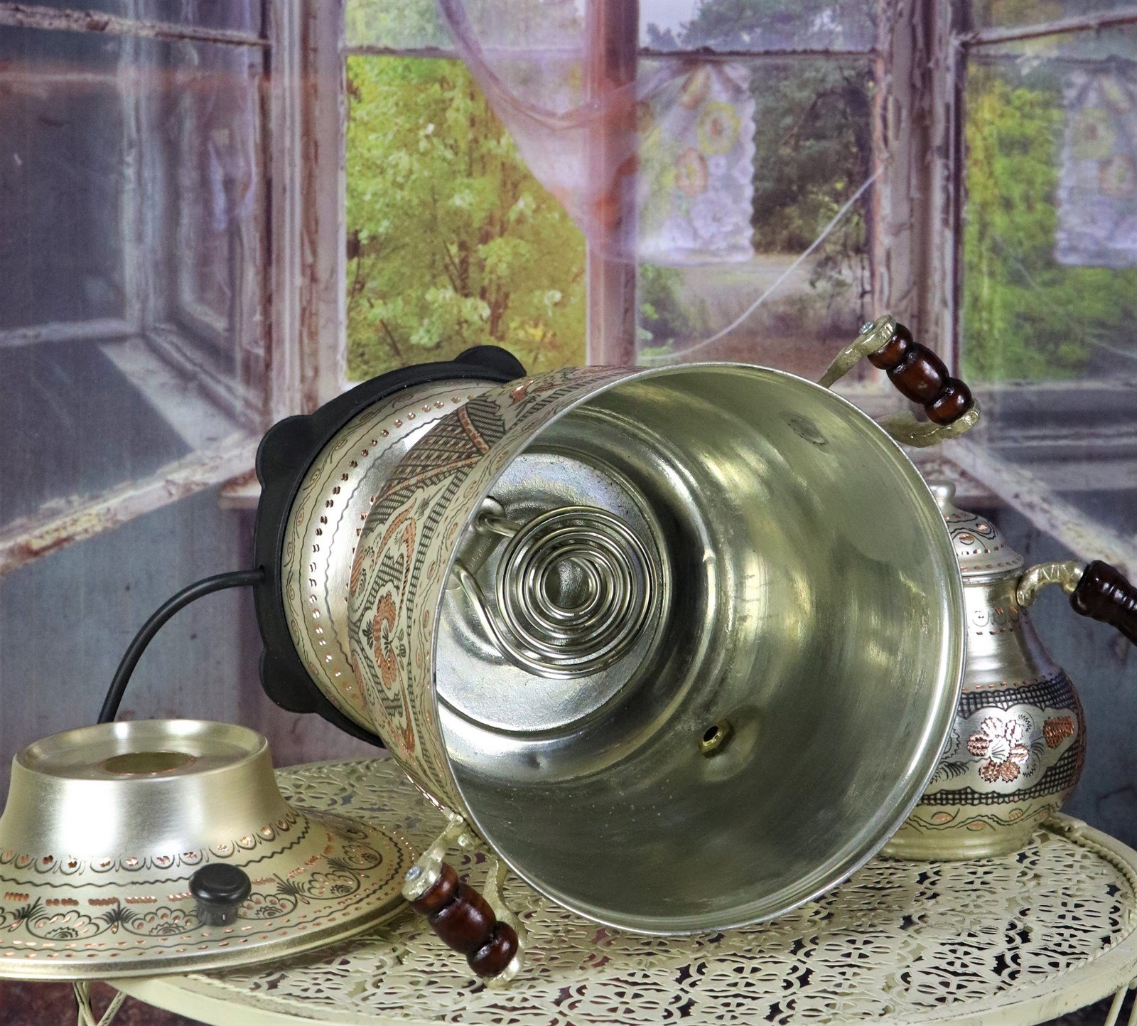 Copper SamovarSonay BakırcılıkSONAYCOPPER Silver Plating Turkish SamovarRose Flower, Tiny Handmade Thermostat 5 lt Capacity Copper Samovar