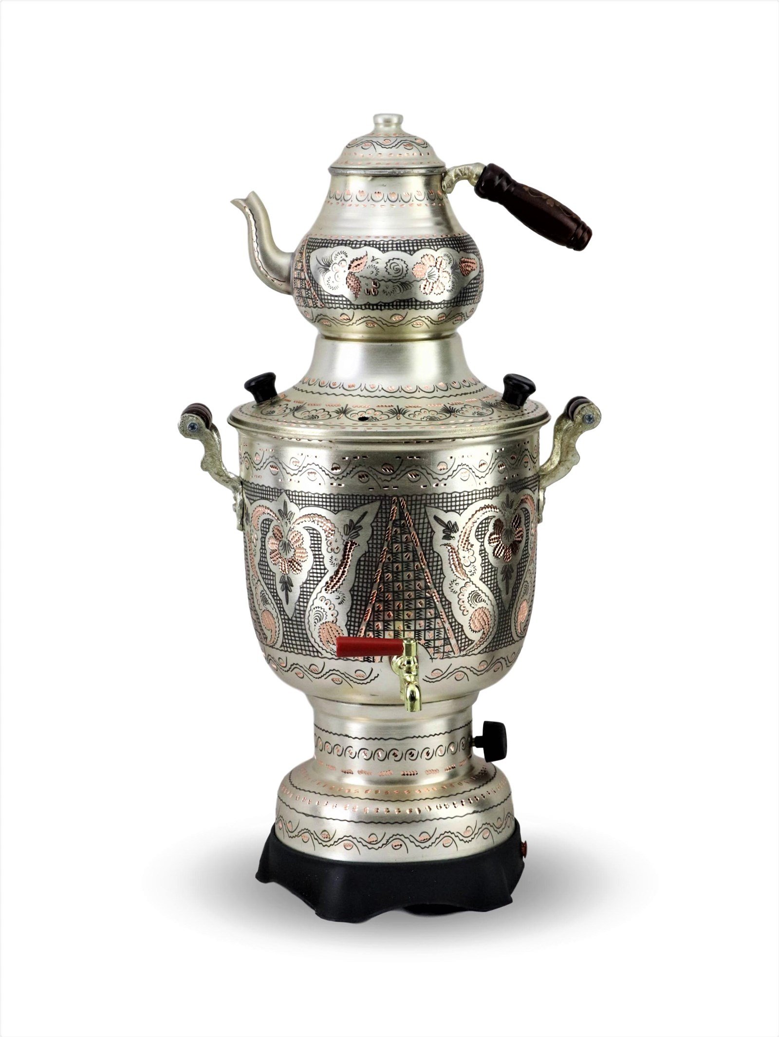 Copper SamovarSonay BakırcılıkGül Çiçek Gümüşlü Elektrikli Bakır Semaver 