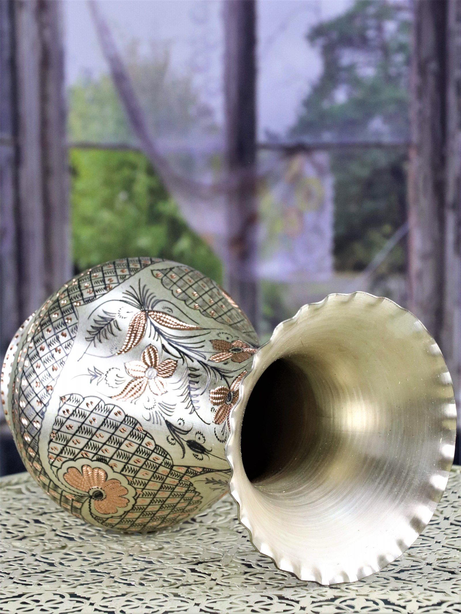 Bakır Sürahi ve MaşrabaSonay BakırcılıkGül Çiçek Gümüşlü İşlemeli Bakır Vazo