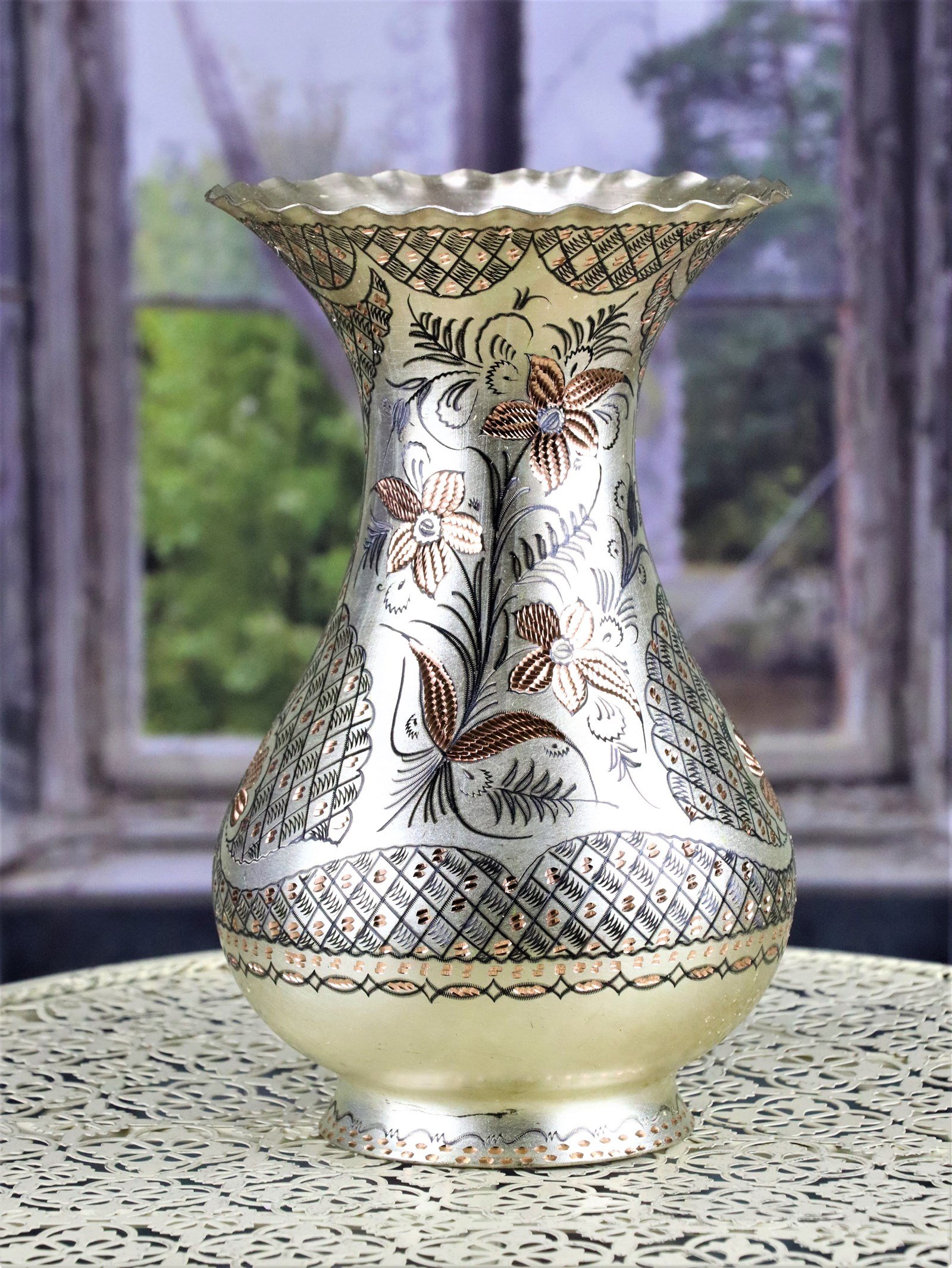 Bakır Sürahi ve MaşrabaSonay BakırcılıkGül Çiçek Gümüşlü İşlemeli Bakır Vazo