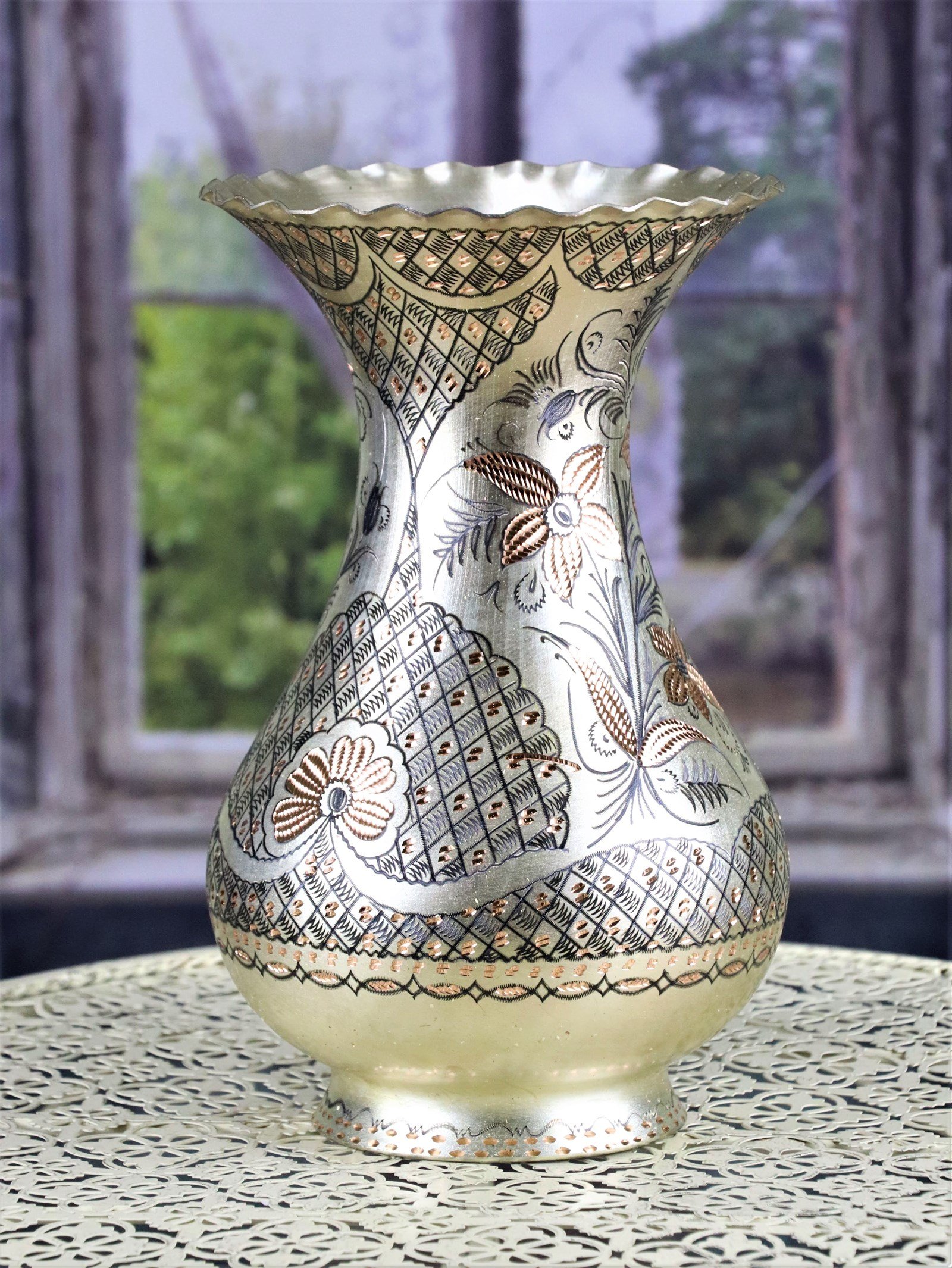 Bakır Sürahi ve MaşrabaSonay BakırcılıkGül Çiçek Gümüşlü İşlemeli Bakır Vazo