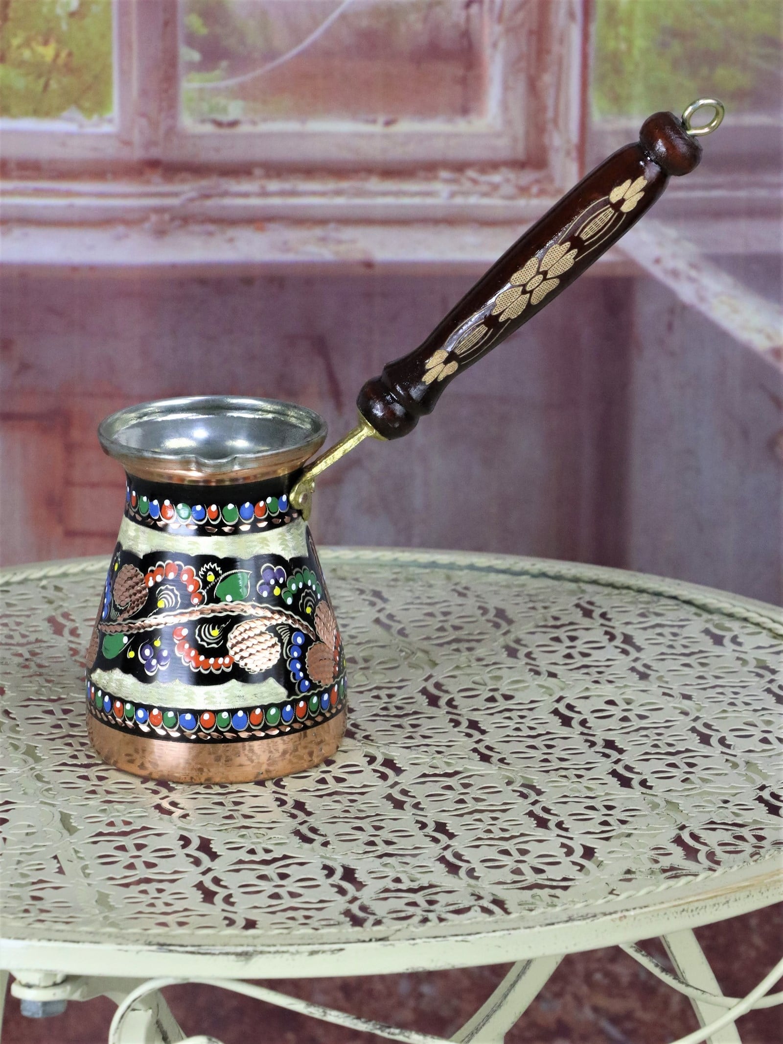 Copper Coffee PotSonay BakırcılıkGül Çiçek İşlemeli Bakır Cezve 400 ml