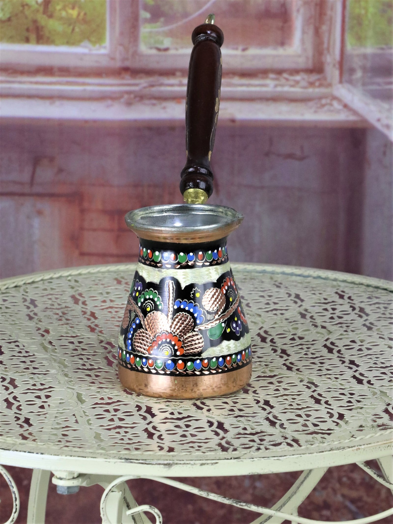 Copper Coffee PotSonay BakırcılıkGül Çiçek İşlemeli Bakır Cezve 400 ml