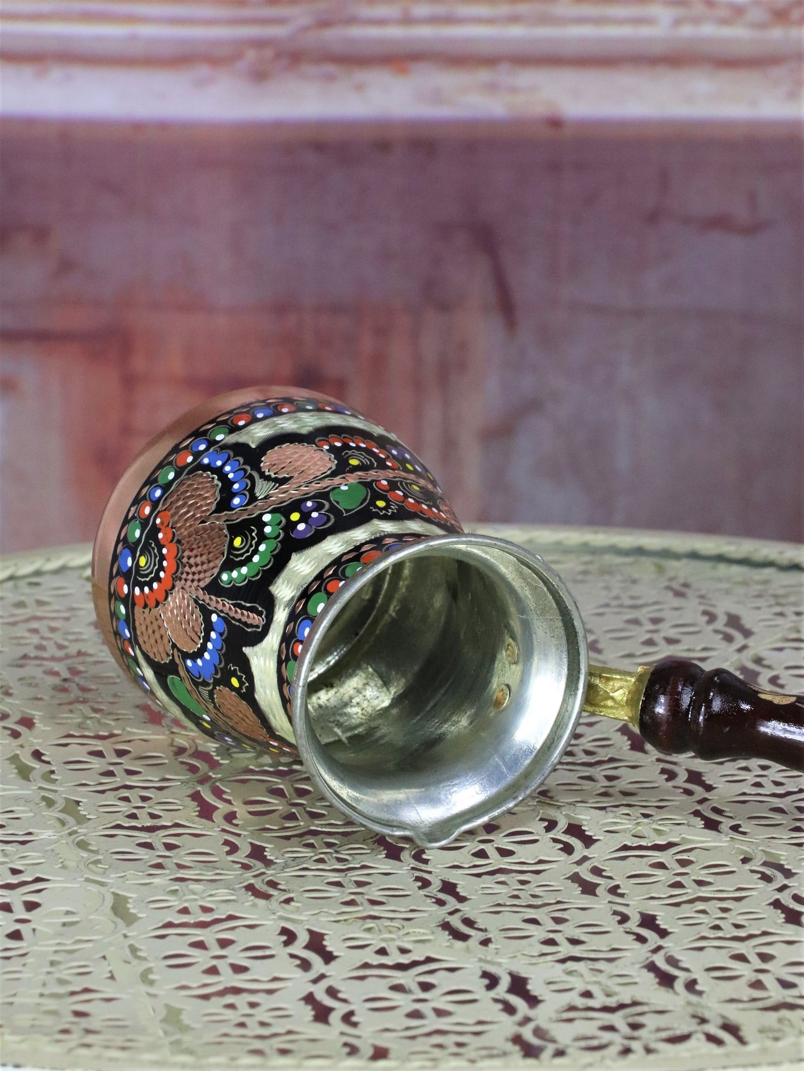 Copper Coffee PotSonay BakırcılıkGül Çiçek İşlemeli Bakır Cezve 400 ml