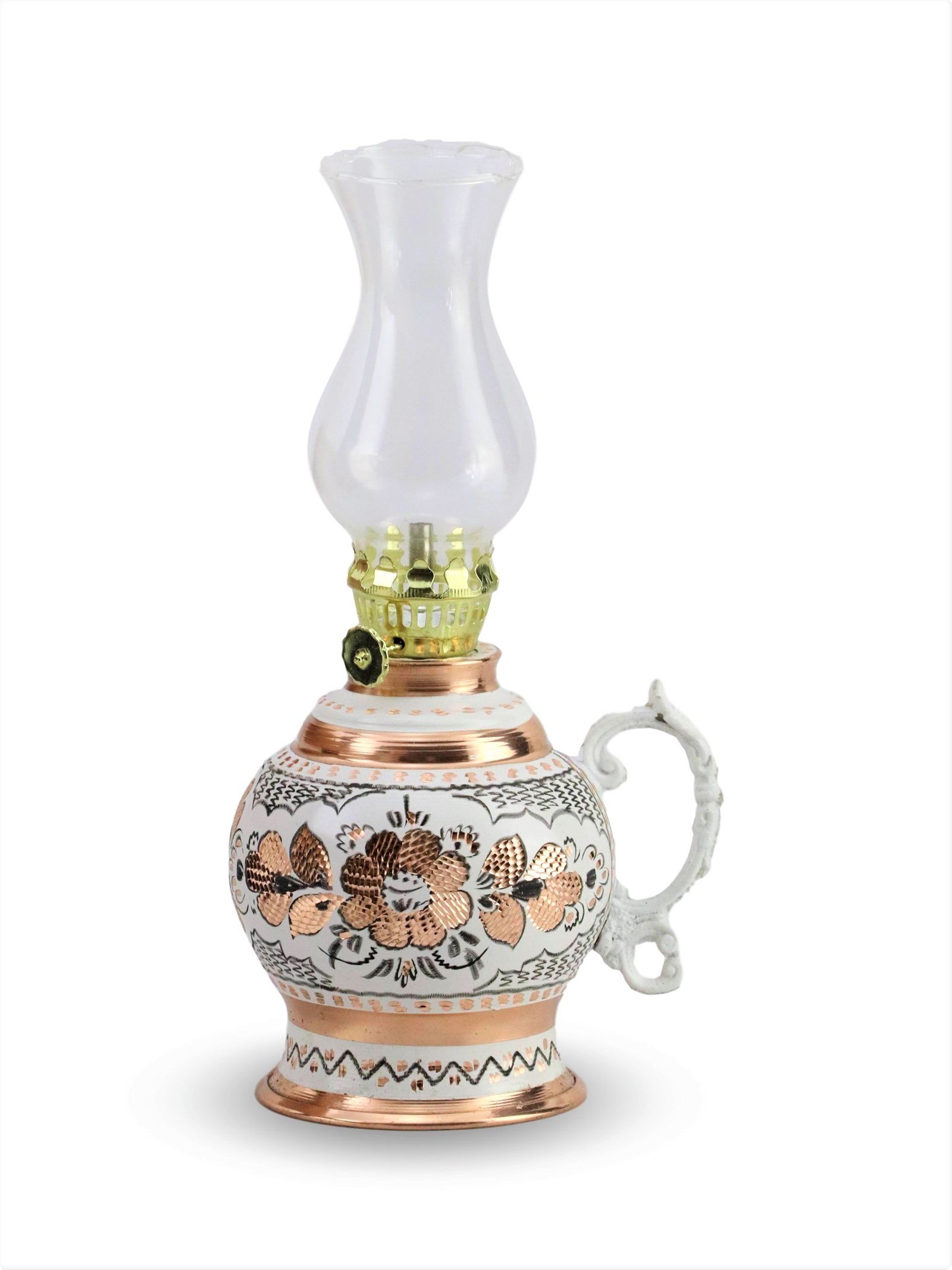 Bakır Gaz LambasıSonay BakırcılıkGül Çiçek Royal Orta Tombik İşlemeli Bakır Gaz Lambası