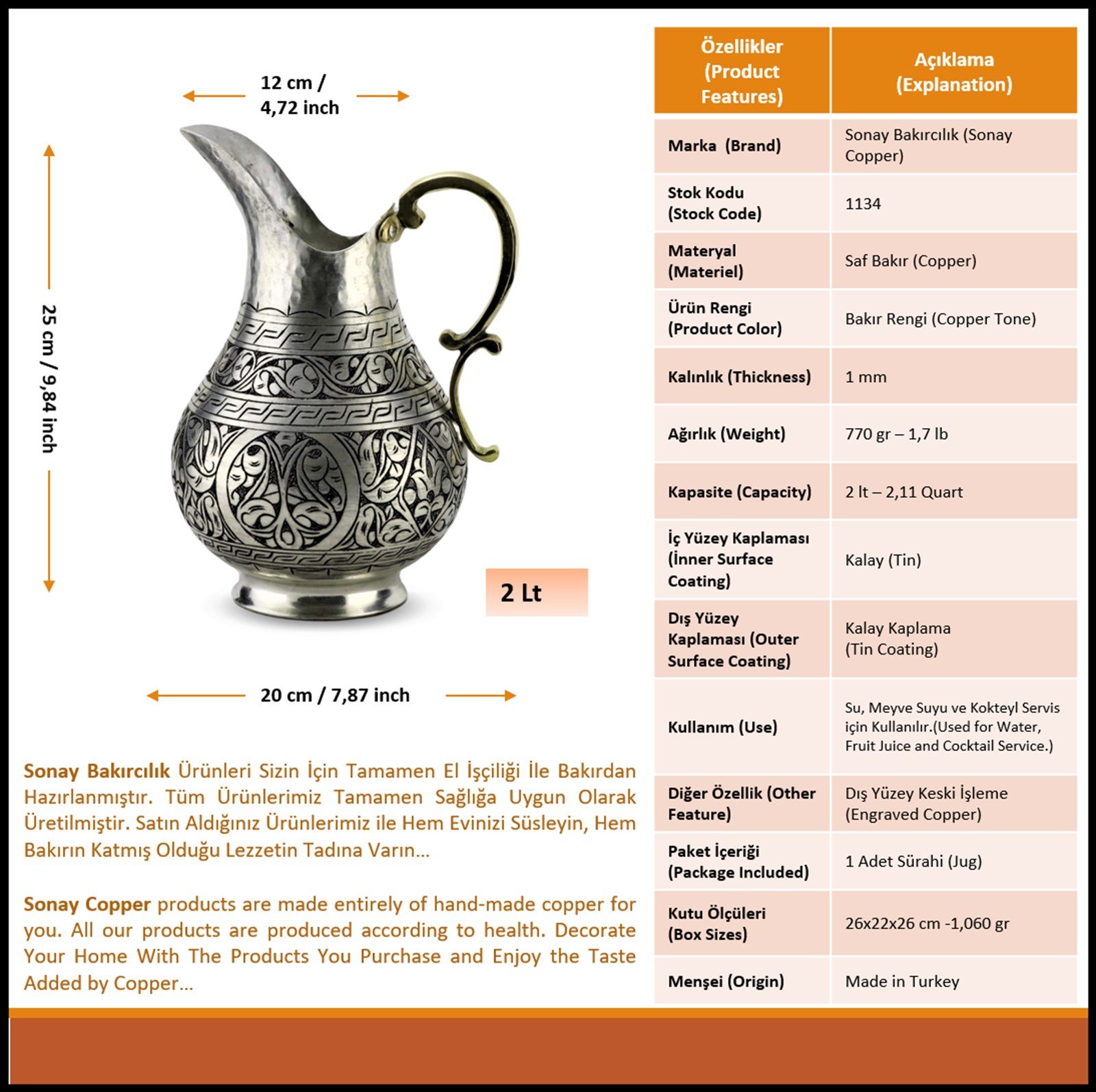 Bakır Sürahi ve MaşrabaSonay BakırcılıkKeski İşlemeli Kalaylı Bakır Sürahi