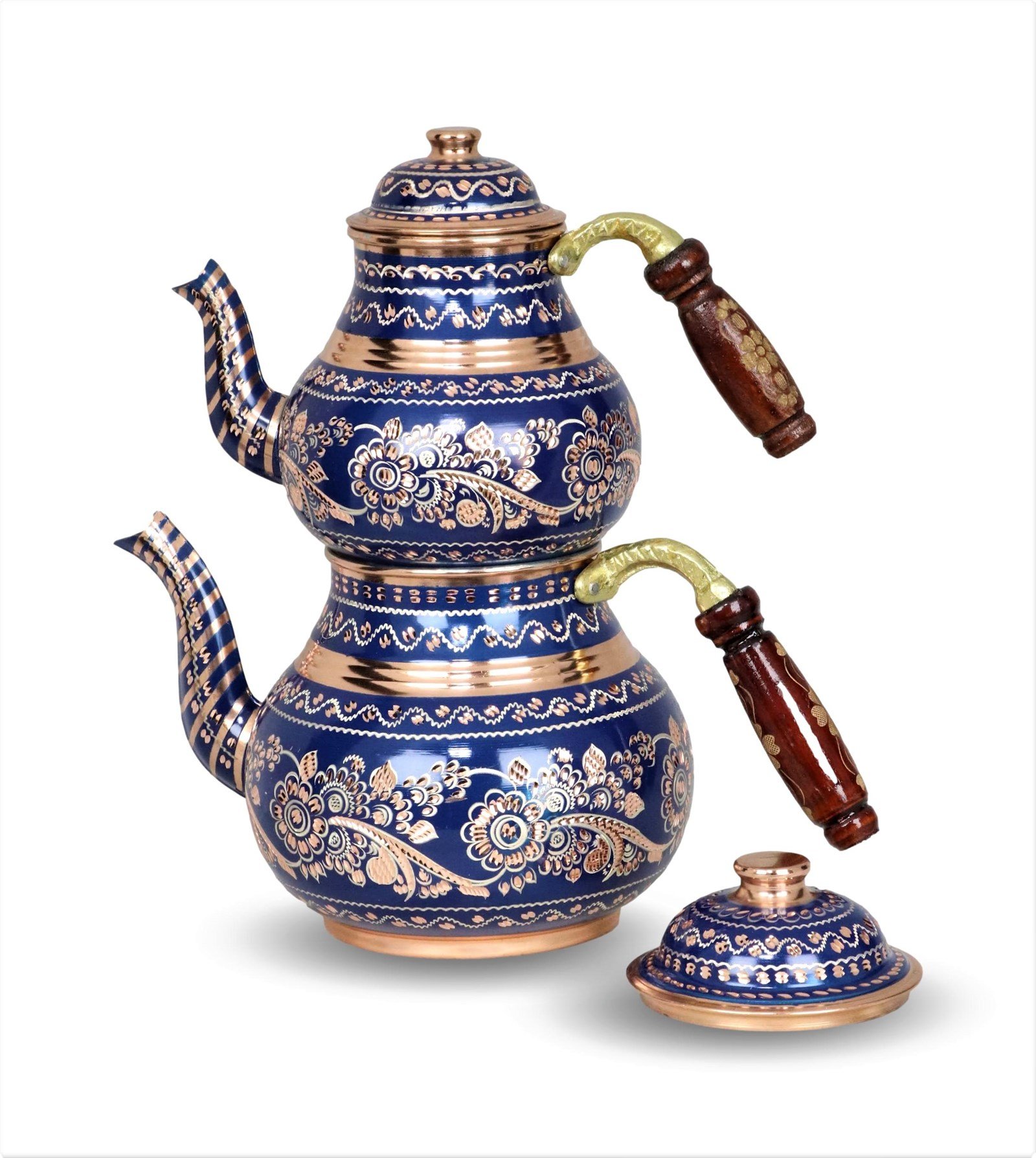 Copper TeapotSonay BakırcılıkLacivert Seramik Boya Kaplama Gül Çiçek Bakır Çaydanlık