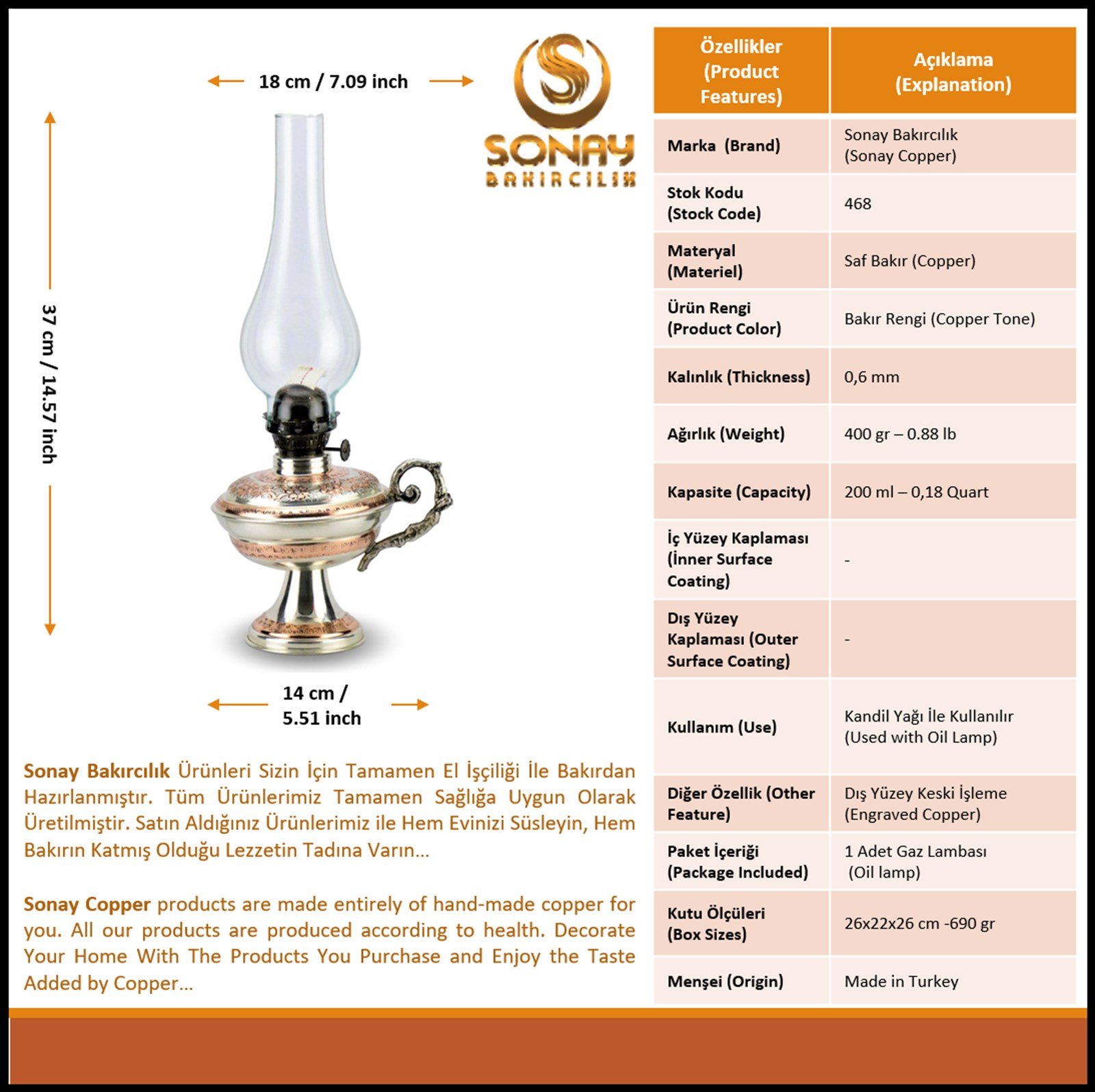 Bakır Gaz LambasıSonay BakırcılıkMiray Ayaklı Bakır Gaz Lambası