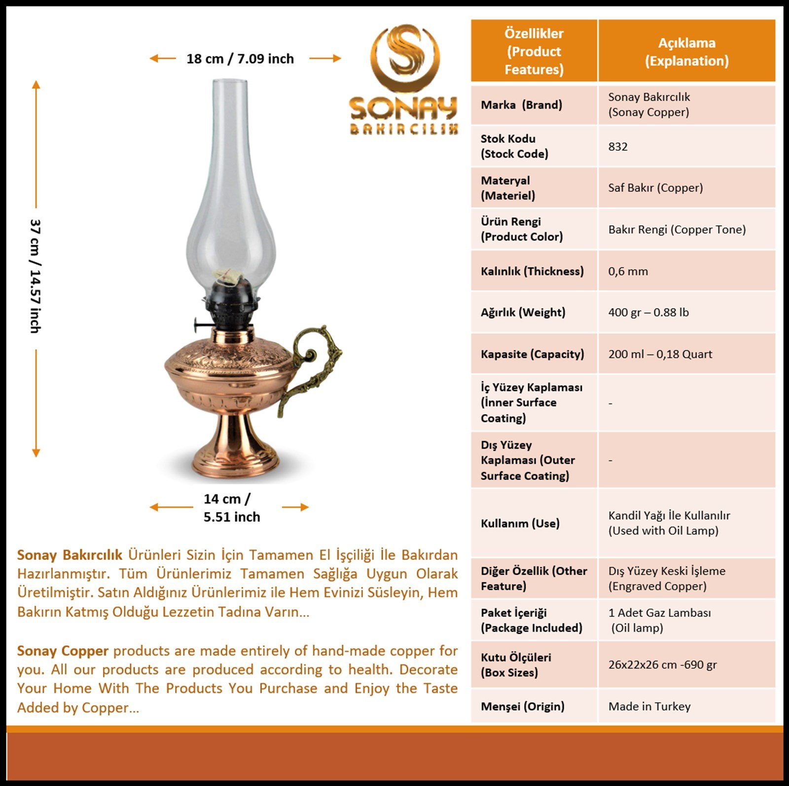 Bakır Gaz LambasıSonay BakırcılıkMiray Ayaklı İşlemeli Bakır Gaz Lambası