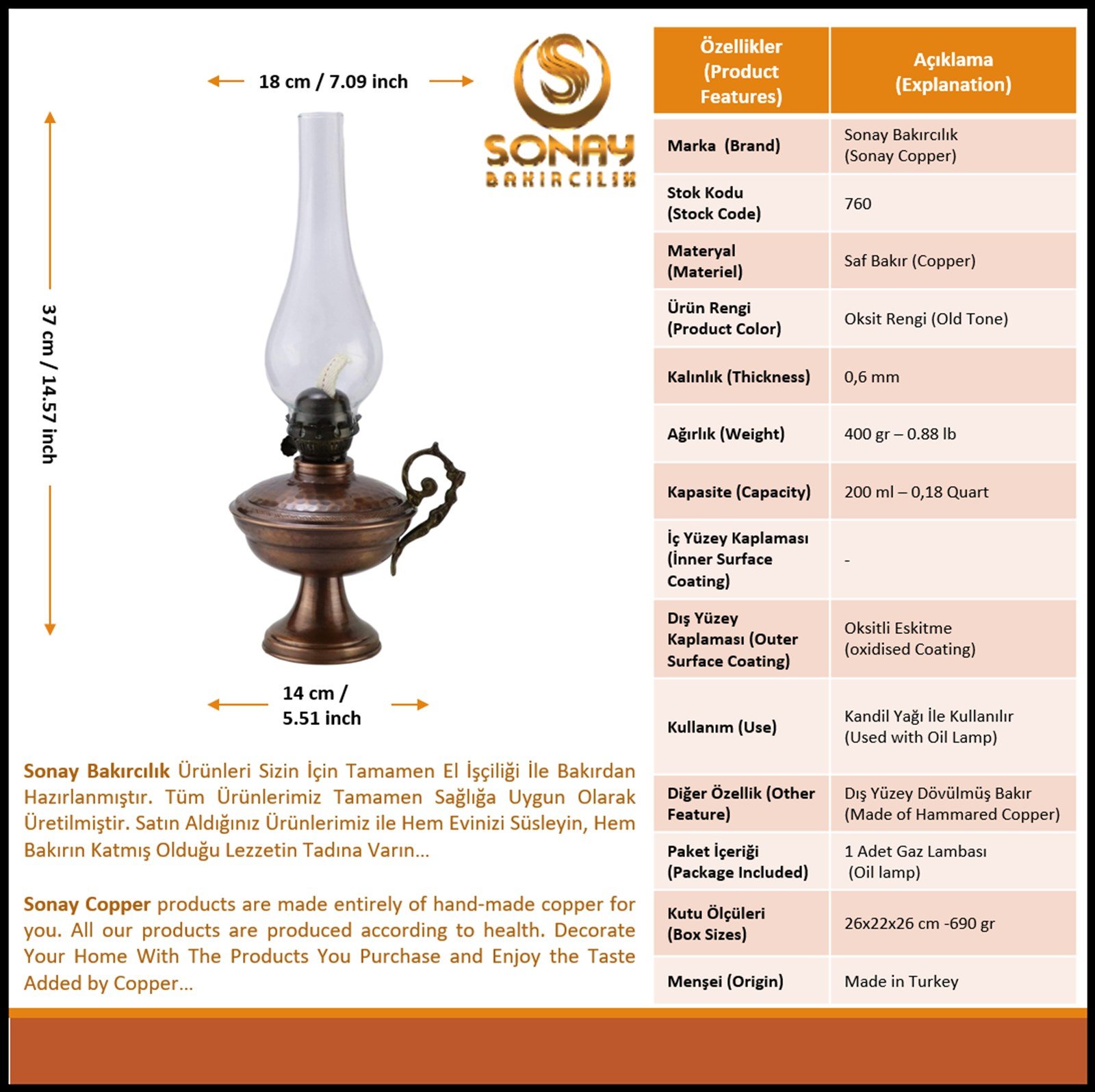 Bakır Gaz LambasıSonay BakırcılıkMiray Eskitme Ayaklı Bakır Gaz Lambası