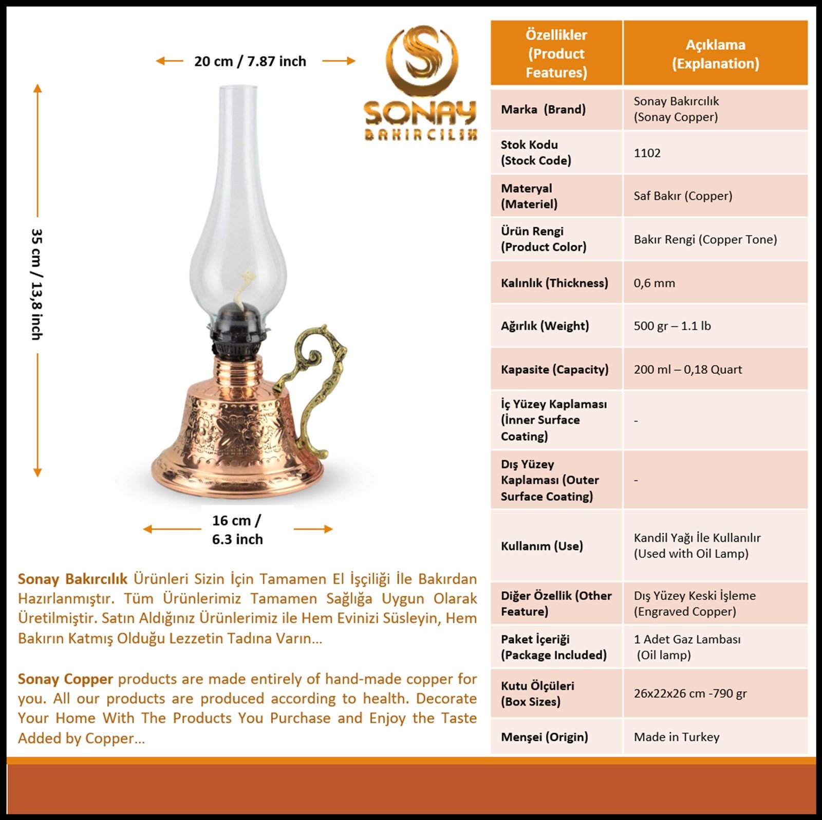 Bakır Gaz LambasıSonay BakırcılıkMiray İşlemeli Bakır Gaz Lambası