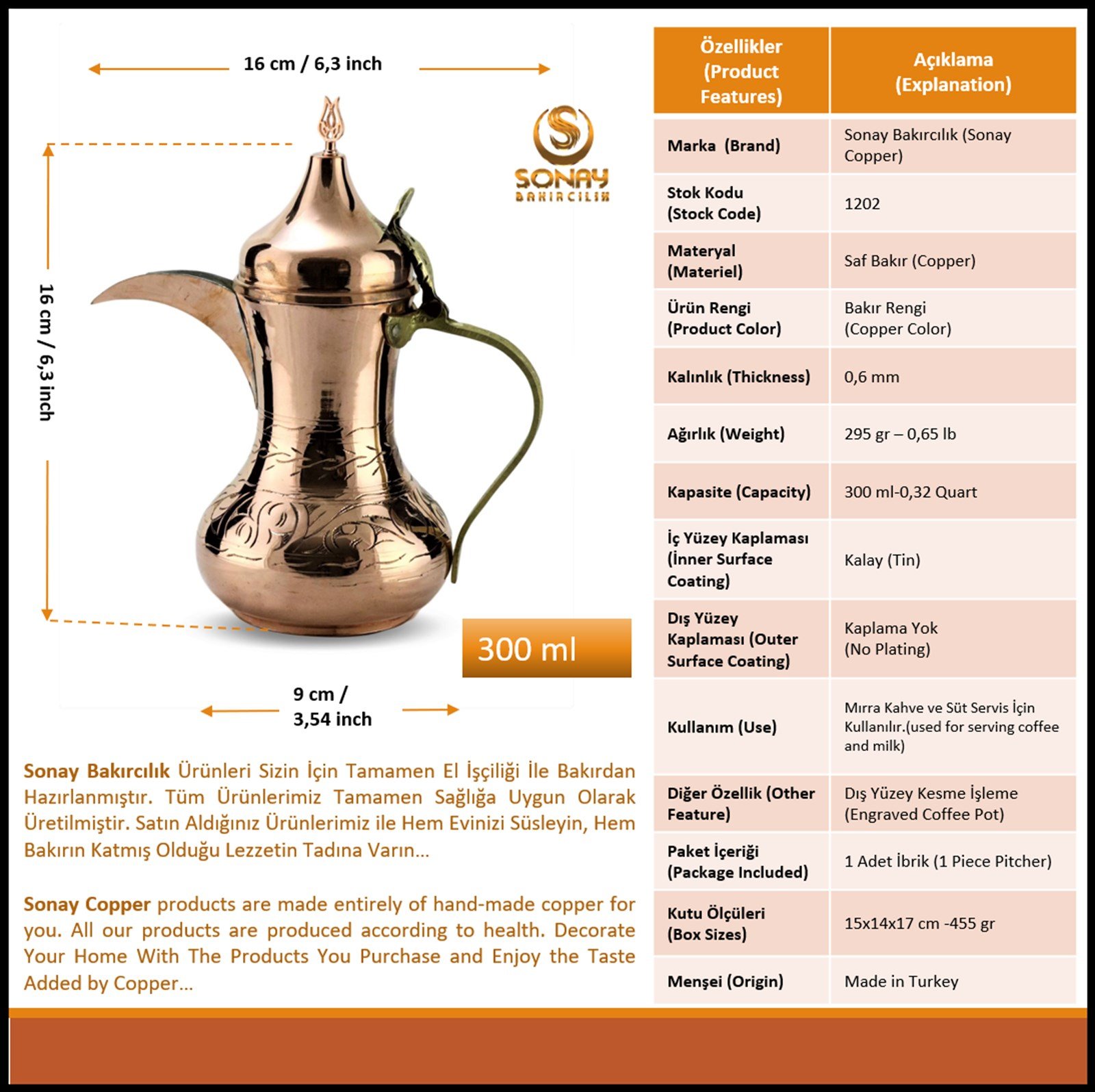 Bakır ÇaydanlıkSonay BakırcılıkMırra Küçük Boy Bakır Arap Çaydanlık Sütlük 300 ml
