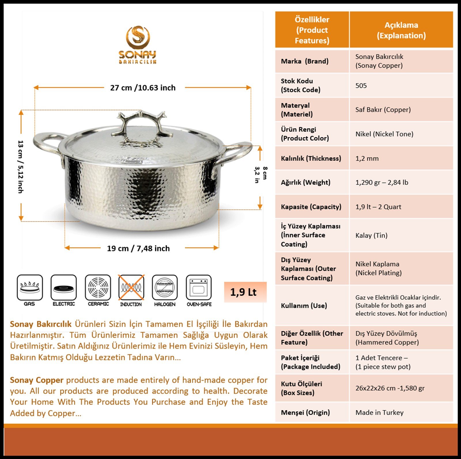 Bakır Tencere ve TavalarSonay BakırcılıkNikel El Dövmesi Derin Bakır Tencere 19 cm