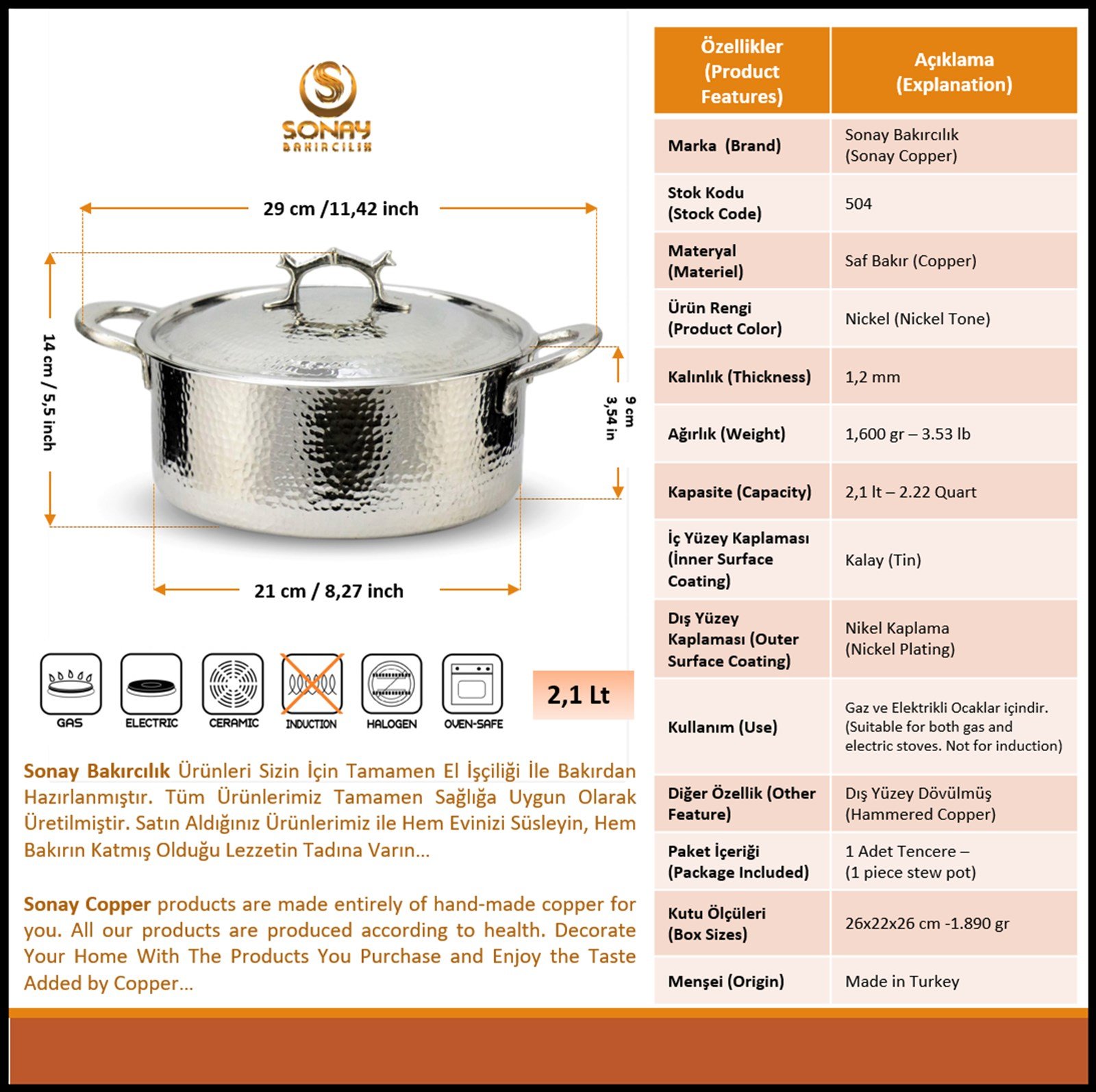 Bakır Tencere ve TavalarSonay BakırcılıkNikel El Dövmesi Derin Bakır Tencere 21 cm
