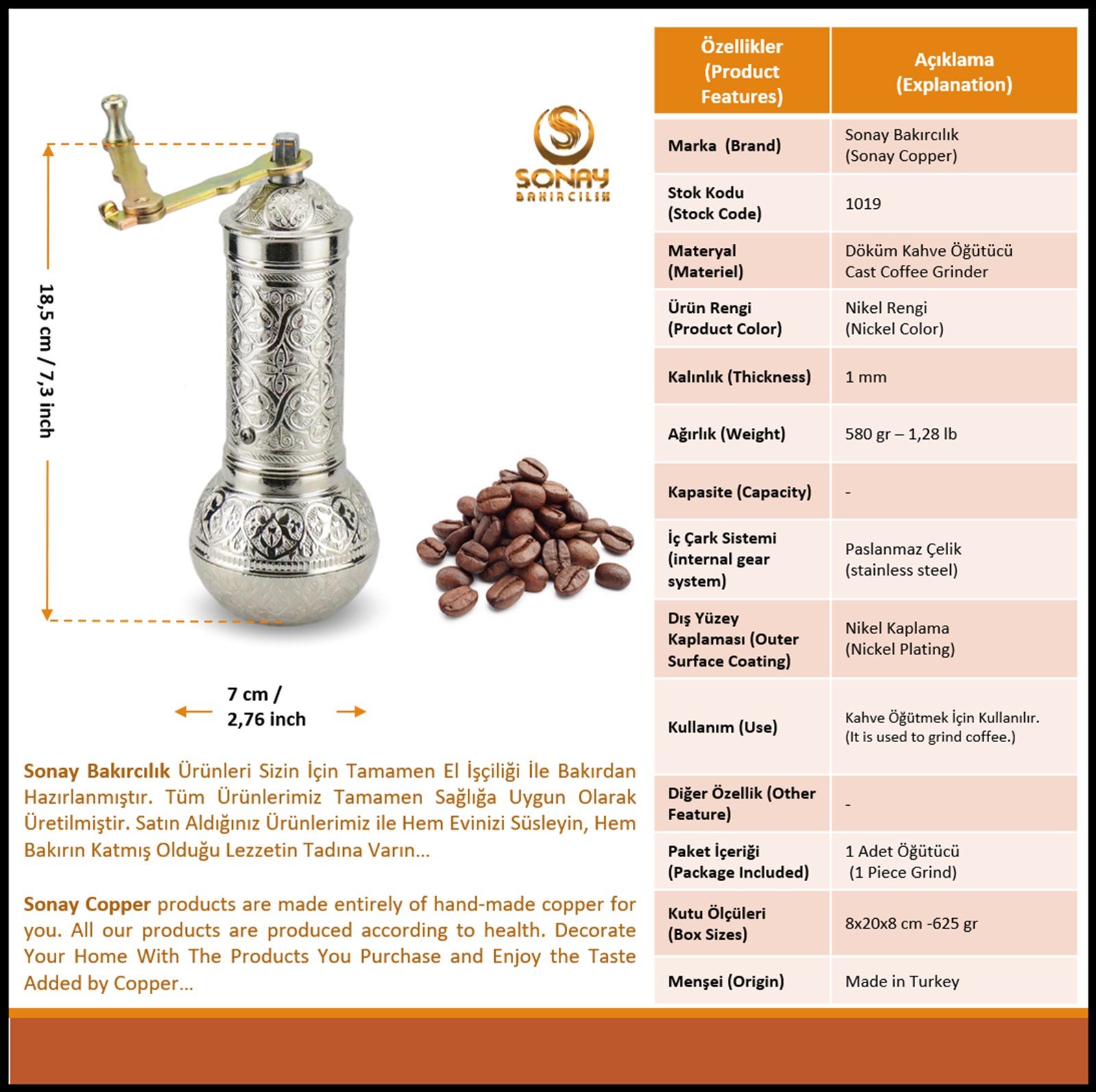 Trabzon Yöresel HediyeliklerSonay BakırcılıkTopak Döküm Kahve Öğütücü