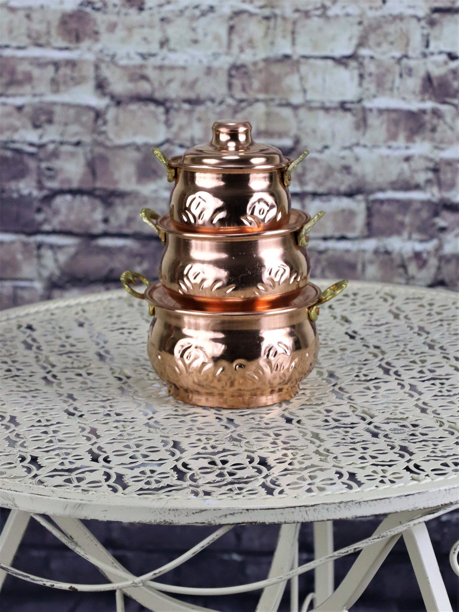 Dekoratif BakırSonay BakırcılıkÜçlü Bakır Kapaklı Güveç Tencere Biblo