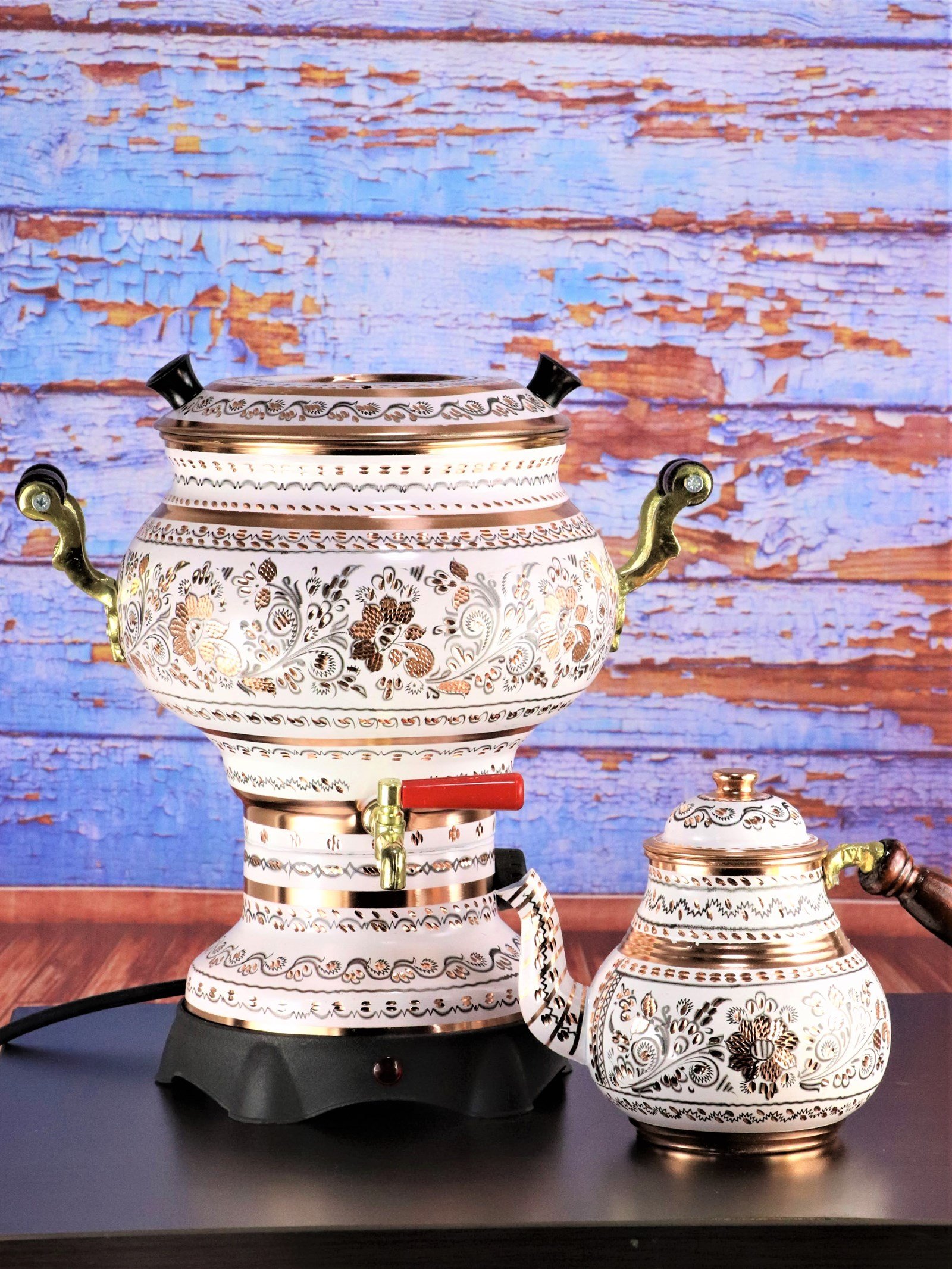 Copper SamovarSonay BakırcılıkYeni Gül Çiçek Royal Topak Model  Elektrikli Bakır Semaver 