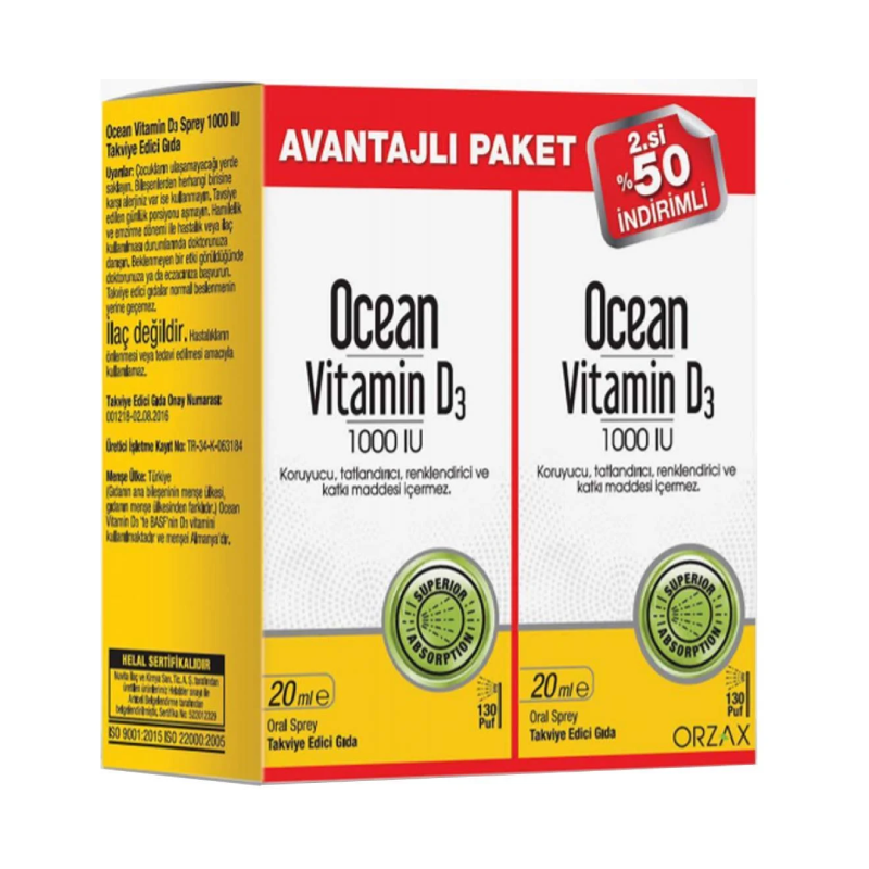Orzax Ocean Vitamin D3 1000 IU Sprey 20 ml 1 Alana 1 Bedava - Vitamin-Mineral - Orzax