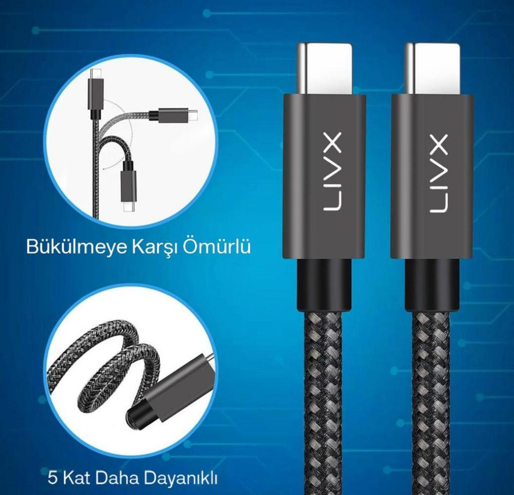 LivX İkili Paket Solid 100W 5A Type C to Type C PD 2.0 5 Gbps 2 Metre Hızlı Şarj ve Data Kablosu Space Gray