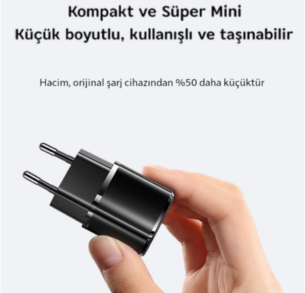 LivX Rapid 20W USB-C Mini PD Hızlı Şarj Cihazı Güç Adaptörü ve  2 Metre Hızlı Şarj ve Data Kablosu