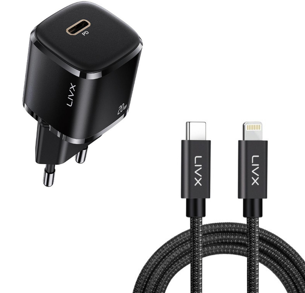 LivX Rapid 20W USB-C Mini PD Hızlı Şarj Cihazı Güç Adaptörü ve 2 metre Iphone hızlı şarj kablosu