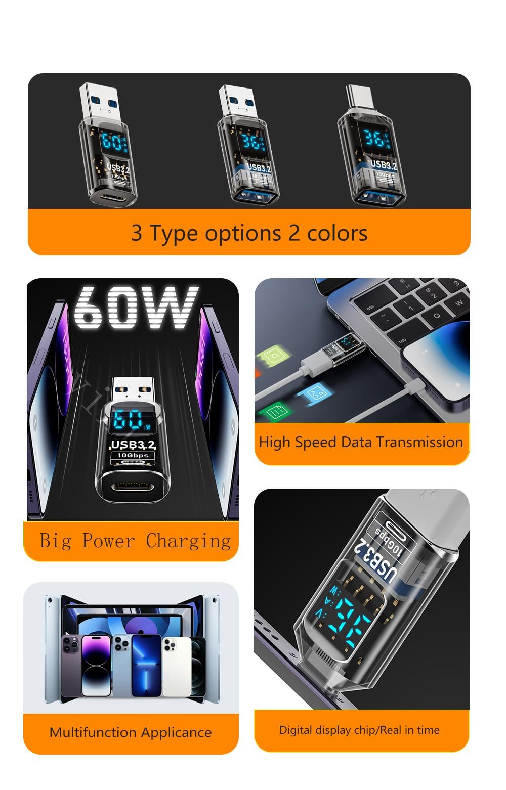 LivX Revolution USB 3.2  to Type C Dönüştürücü 60W Hızlı Şarj 10Gbps Veri Transferi Dijital Ekran OTGGF