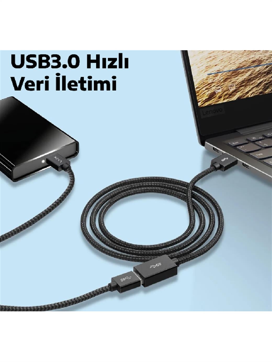 LivX Rope USB3.0 3A 5Gbps Hızlı Şarj ve Veri Aktarımı USB 3.0 Erkek Dişi Uzatma Kablosu Halat Örgülü 3 Metre