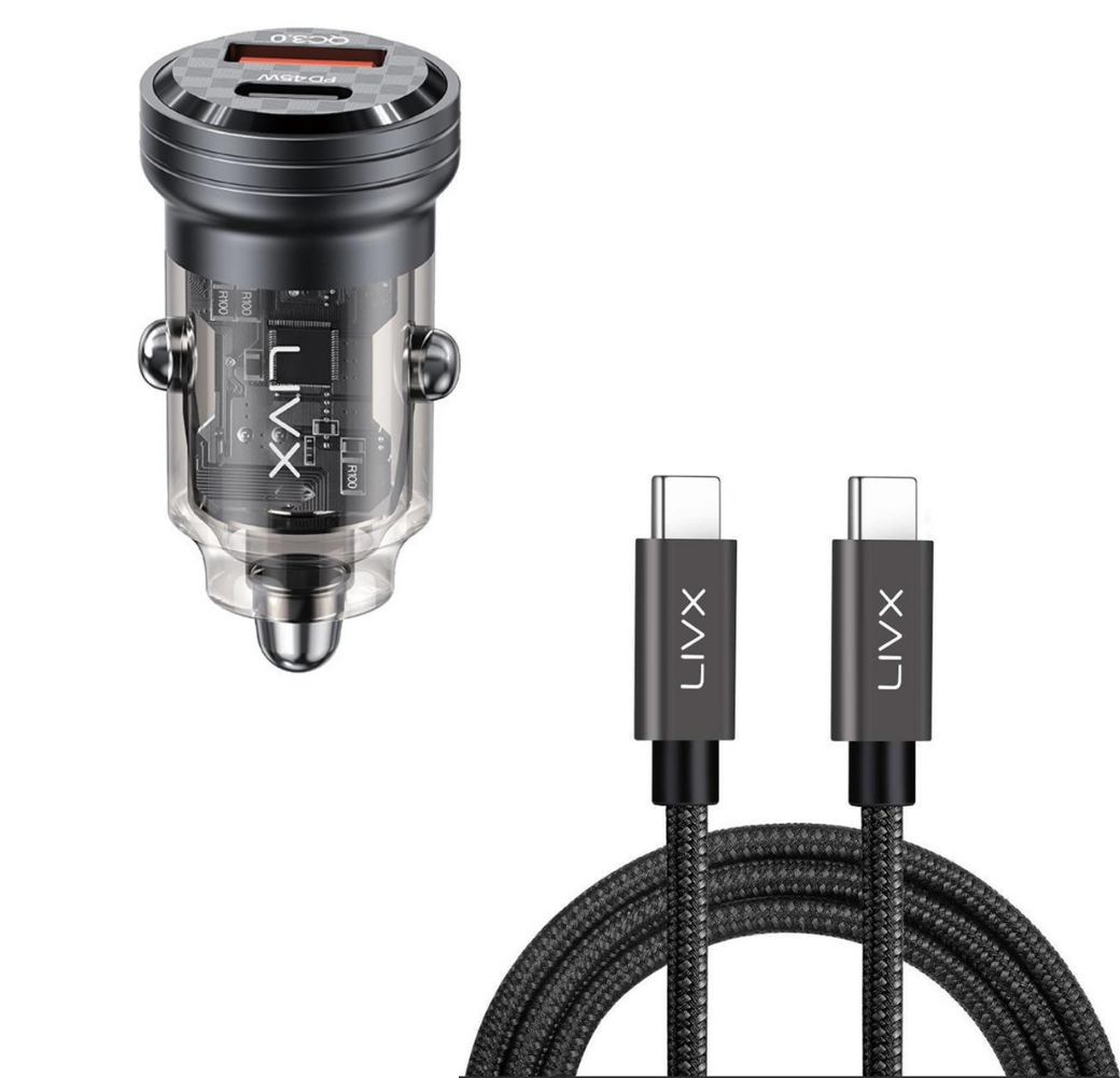 LivX Transparent 45W PD/QC Mini Araç şarj Cihazı ve 1 metre Hızlı Şarj Ve Data Kablosu