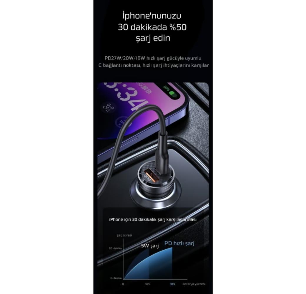 LivX Transparent 45W PD/QC Mini Araç şarj Cihazı ve 1 Metre iPhone Hızlı Şarj Kablosu