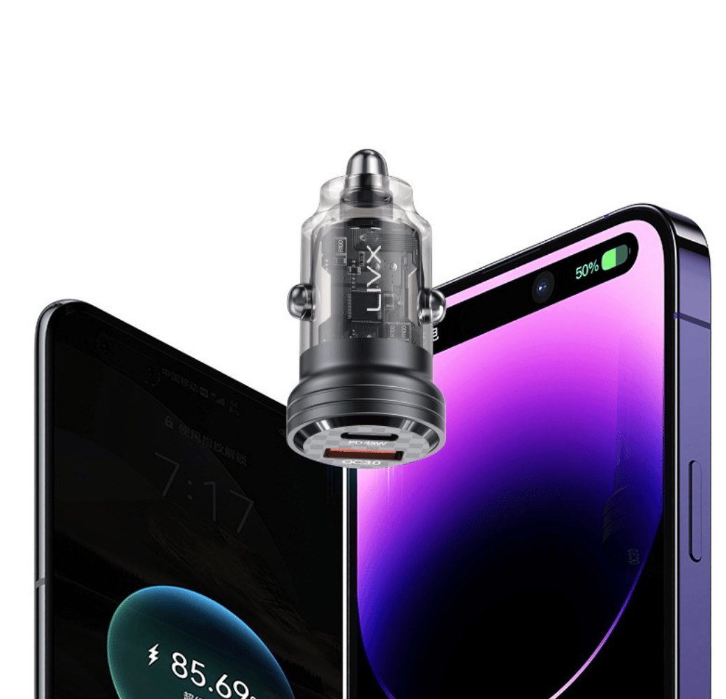 LivX Transparent 45W PD/QC Mini Araç şarj Cihazı ve 3 metre Hızlı Şarj Ve Data Kablosu