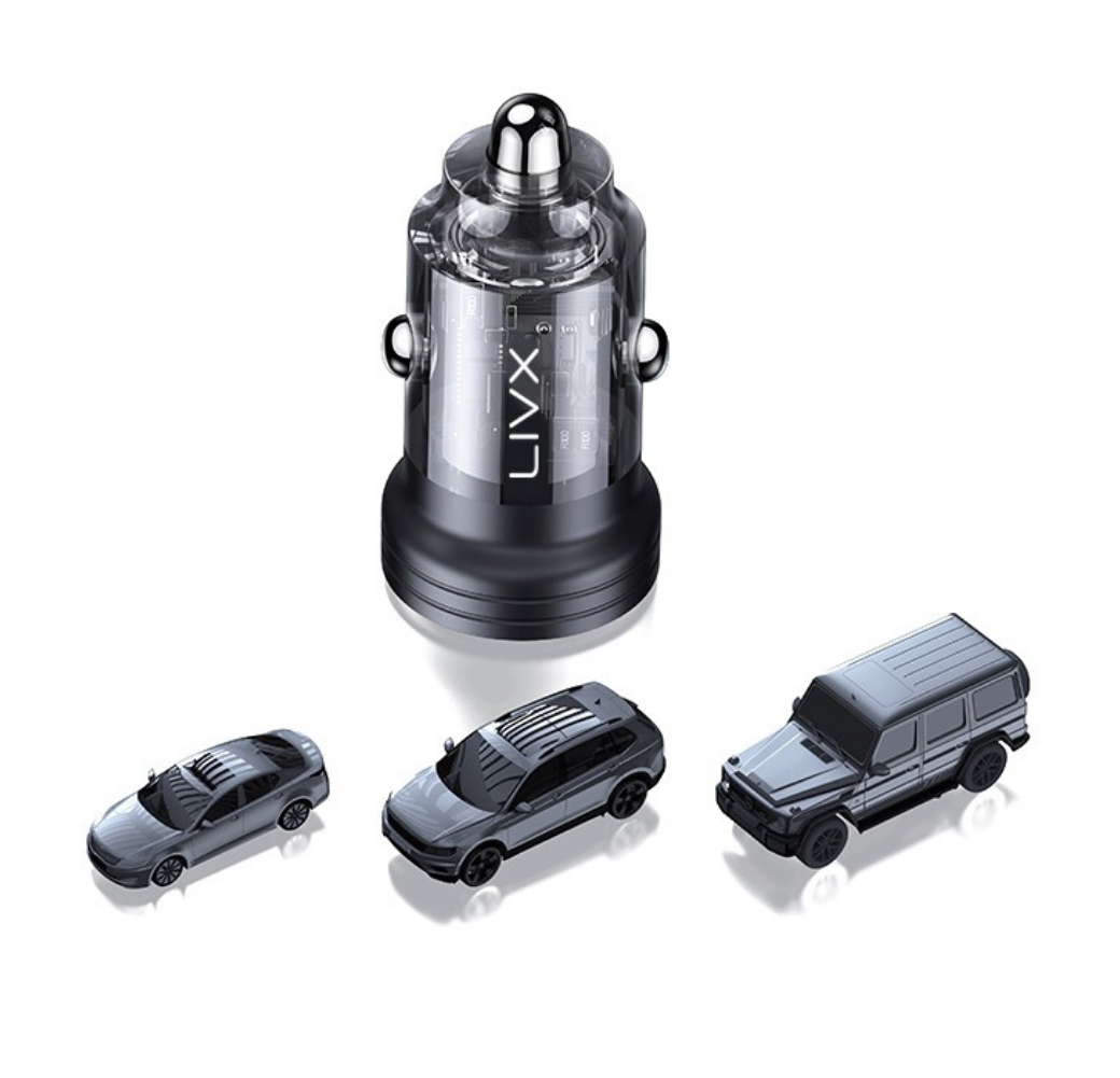 LivX Transparent 45W PD/QC Mini Araç şarj Cihazı ve 50cm Hızlı Şarj Ve Data Kablosu