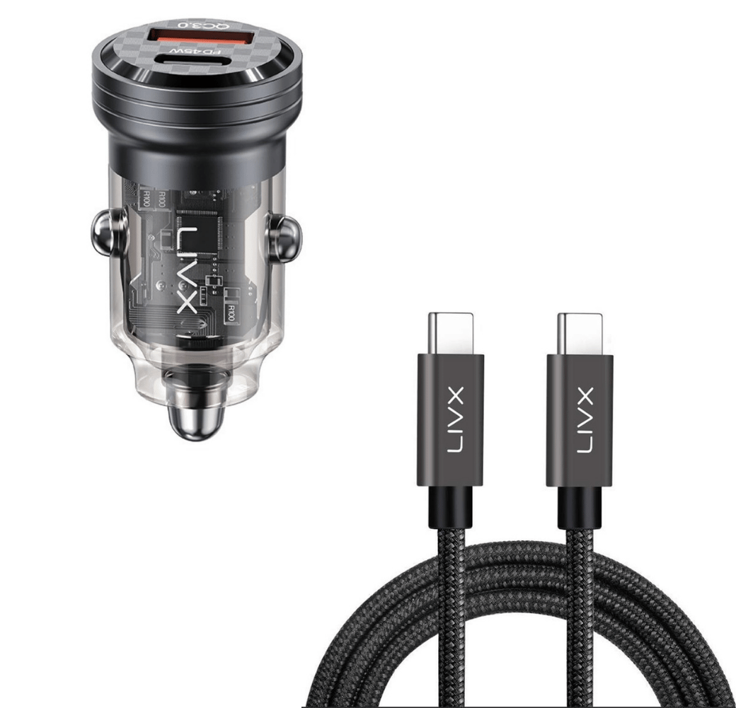 LivX Transparent 45W PD/QC Mini Araç şarj Cihazı ve 3 metre Hızlı Şarj Ve Data Kablosu
