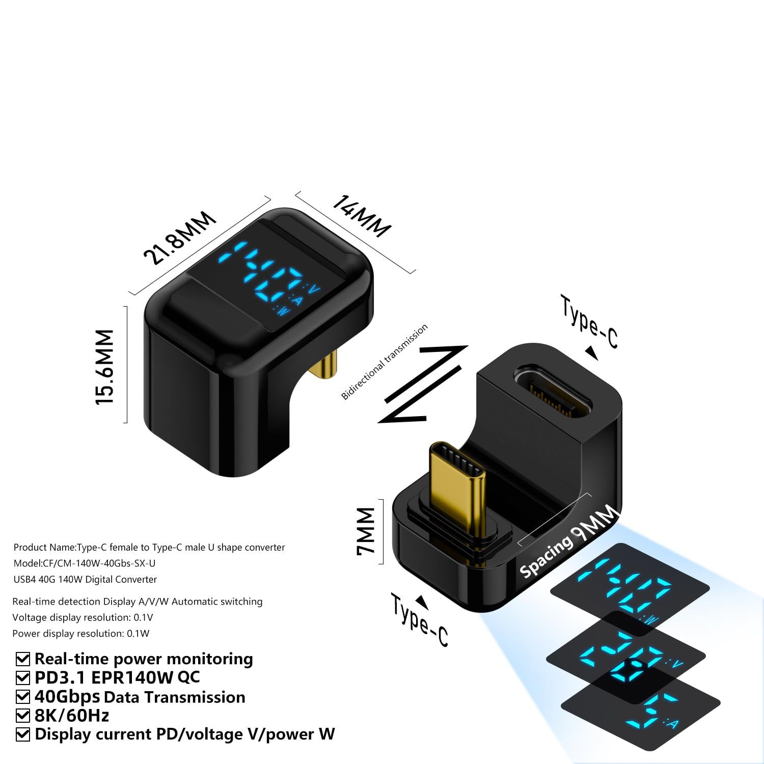 LivX U Şekil Type C To Type C 140W 40Gbps Çevirici OTG Dijital GöstergeliOTGUC