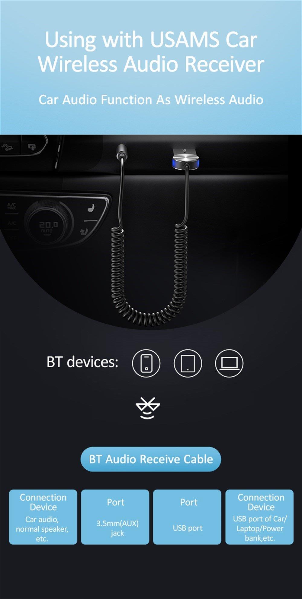 Livx Usams Bluetooth 5.0 Receiver Usb Aux Wireless Araç Kiti Hands-Free Telefon Görüşme Ba01 SJ464