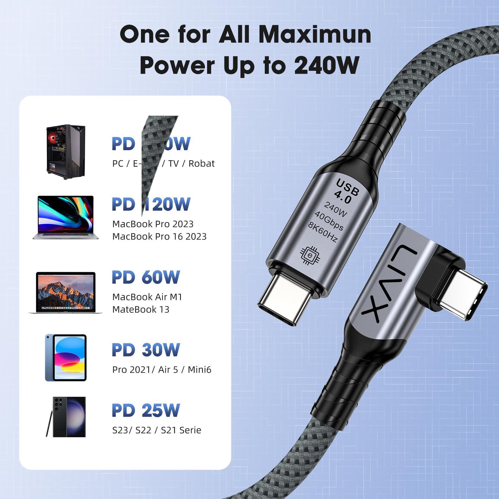 LivX USB4 Kablo 150cm 90 Derece USB-C to USB-C 40Gbps Veri Aktarım, 240W PD Hızlı Şarj, 8K@60Hz Görüntü Desteği, Thunderbolt 3/4 ile Uyumlu, Örgülü Dayanıklı Şarj ve Data Kablosu KLV-Y 