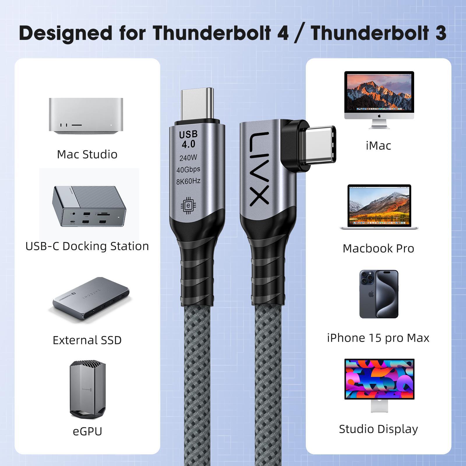 LivX USB4 Kablo 150cm 90 Derece USB-C to USB-C 40Gbps Veri Aktarım, 240W PD Hızlı Şarj, 8K@60Hz Görüntü Desteği, Thunderbolt 3/4 ile Uyumlu, Örgülü Dayanıklı Şarj ve Data Kablosu KLV-Y 