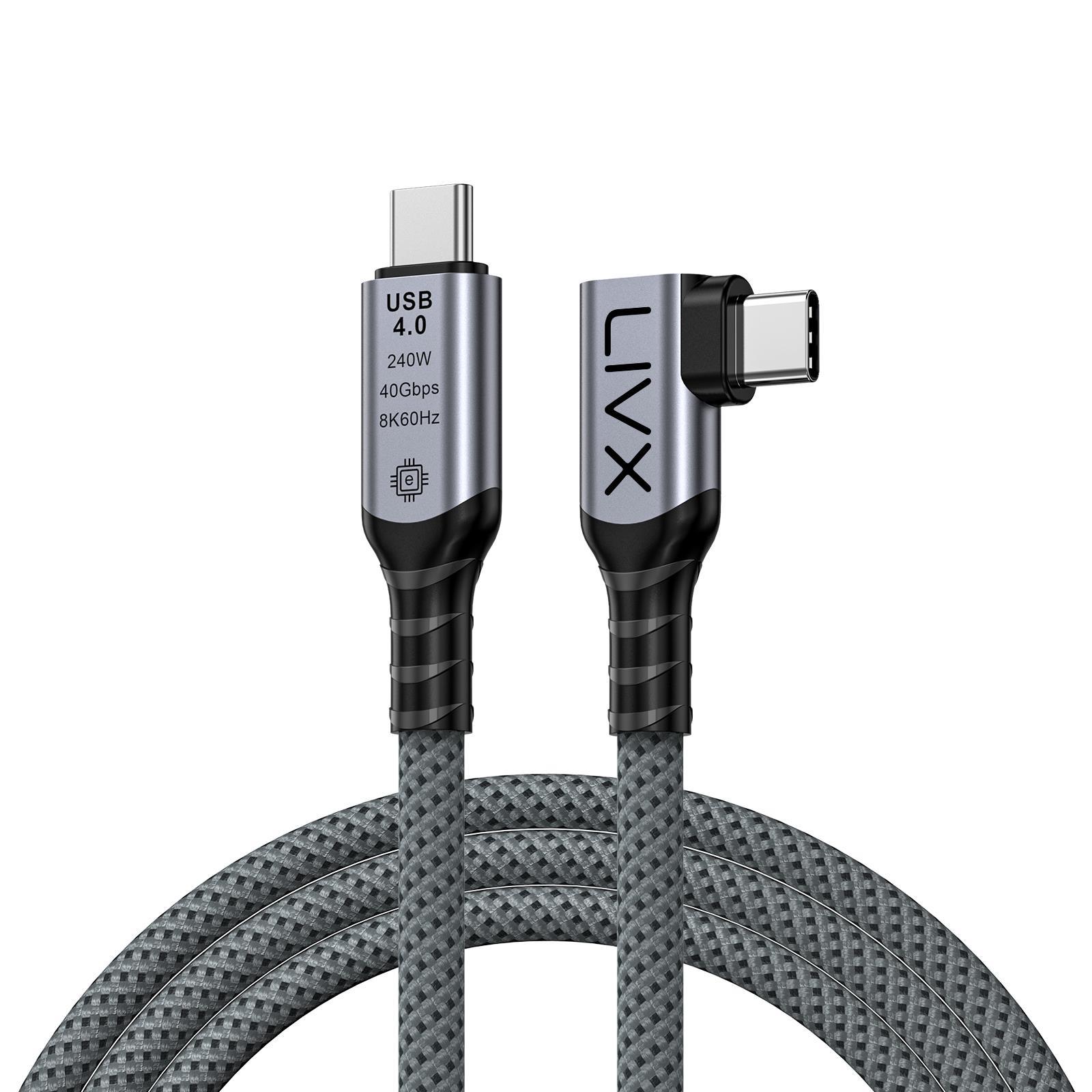 LivX USB4 Kablo 150cm 90 Derece USB-C to USB-C 40Gbps Veri Aktarım, 240W PD Hızlı Şarj, 8K@60Hz Görüntü Desteği, Thunderbolt 3/4 ile Uyumlu, Örgülü Dayanıklı Şarj ve Data Kablosu KLV-Y 