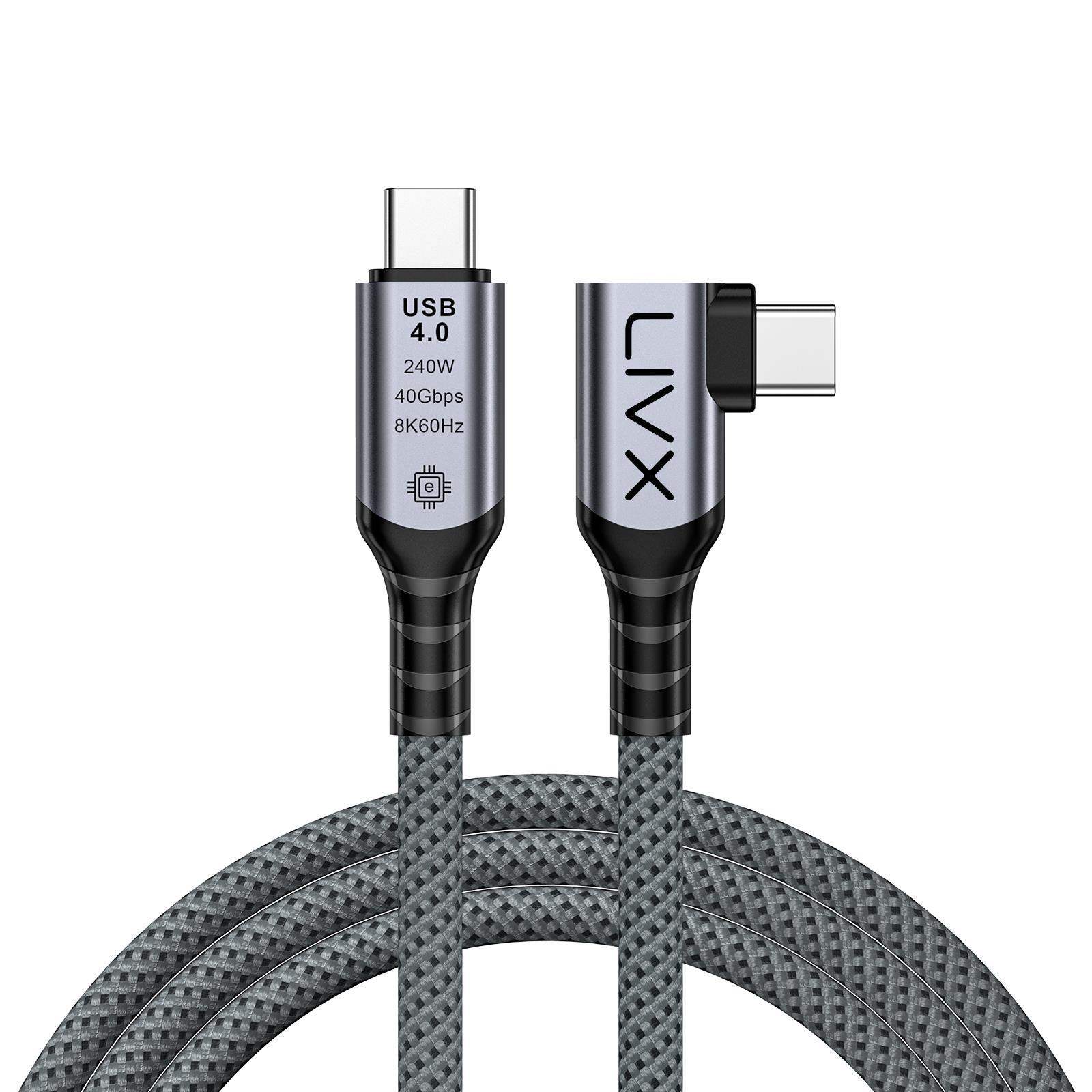 LivX USB4 Kablo 150cm 90 Derece USB-C to USB-C 40Gbps Veri Aktarım, 240W PD Hızlı Şarj, 8K@60Hz Görüntü Desteği, Thunderbolt 3/4 ile Uyumlu, Örgülü Dayanıklı Şarj ve Data Kablosu KLV-Y 