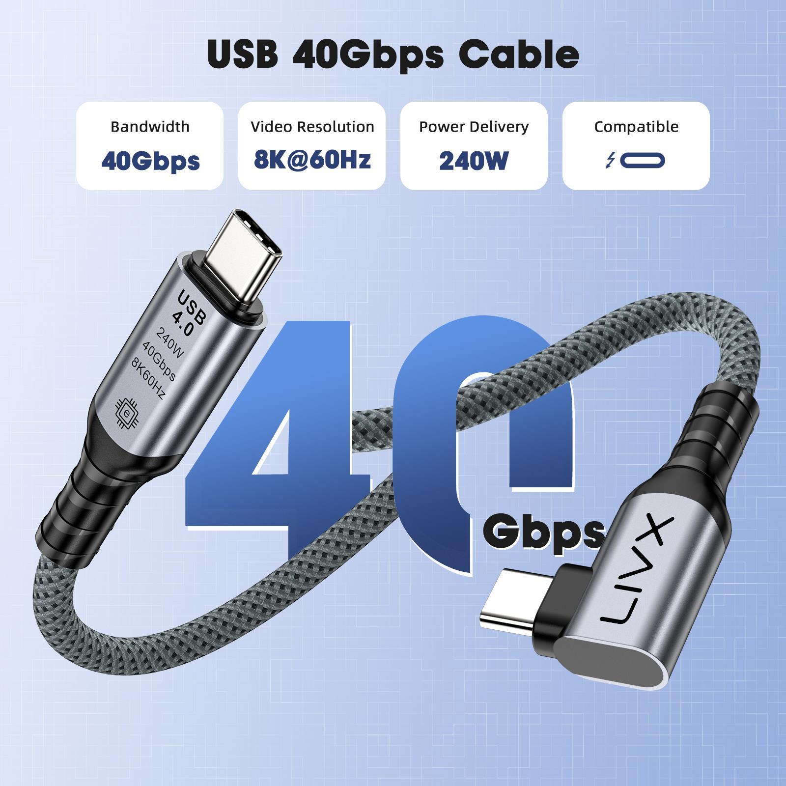LivX USB4 Kablo 150cm 90 Derece USB-C to USB-C 40Gbps Veri Aktarım, 240W PD Hızlı Şarj, 8K@60Hz Görüntü Desteği, Thunderbolt 3/4 ile Uyumlu, Örgülü Dayanıklı Şarj ve Data Kablosu KLV-Y 