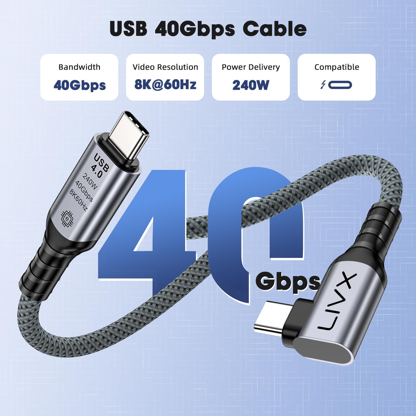 LivX USB4 Kablo 50cm 90 Derece USB-C to USB-C 40Gbps Veri Aktarım, 240W PD Hızlı Şarj, 8K@60Hz Görüntü Desteği, Thunderbolt 3/4 ile Uyumlu, Örgülü Dayanıklı Şarj ve Data Kablosu KLV-Y50