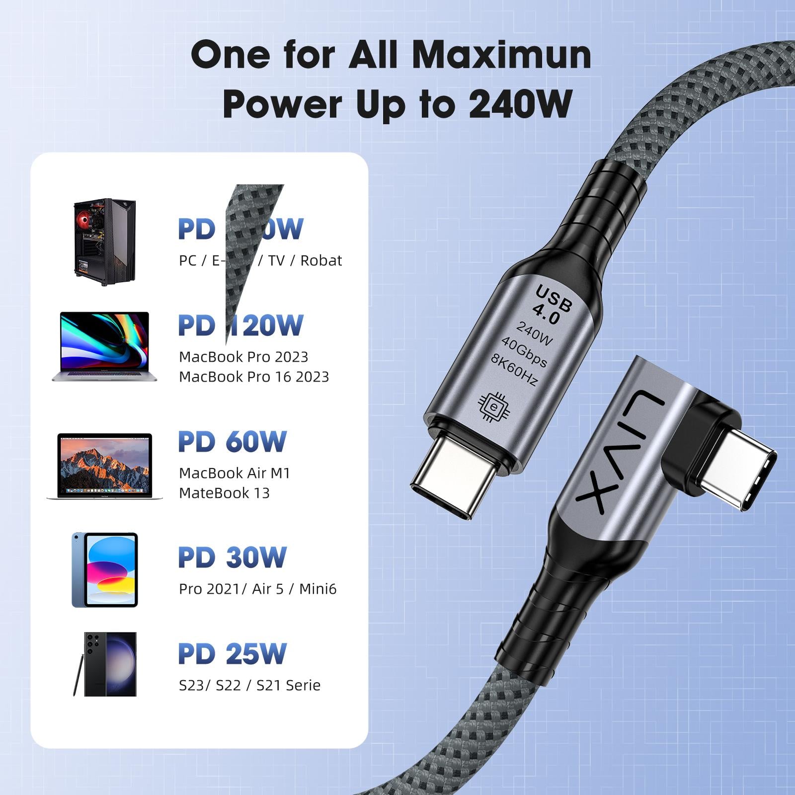 LivX USB4 Kablo 50cm 90 Derece USB-C to USB-C 40Gbps Veri Aktarım, 240W PD Hızlı Şarj, 8K@60Hz Görüntü Desteği, Thunderbolt 3/4 ile Uyumlu, Örgülü Dayanıklı Şarj ve Data Kablosu KLV-Y50