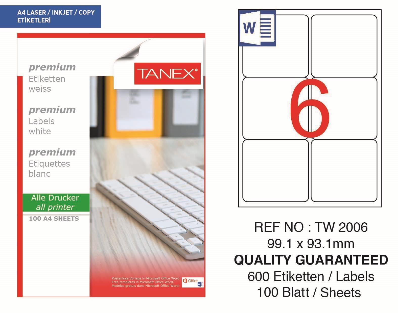 Tanex TW-2006 99,1x93,1 mm Lazer Etiket 100 Ad.