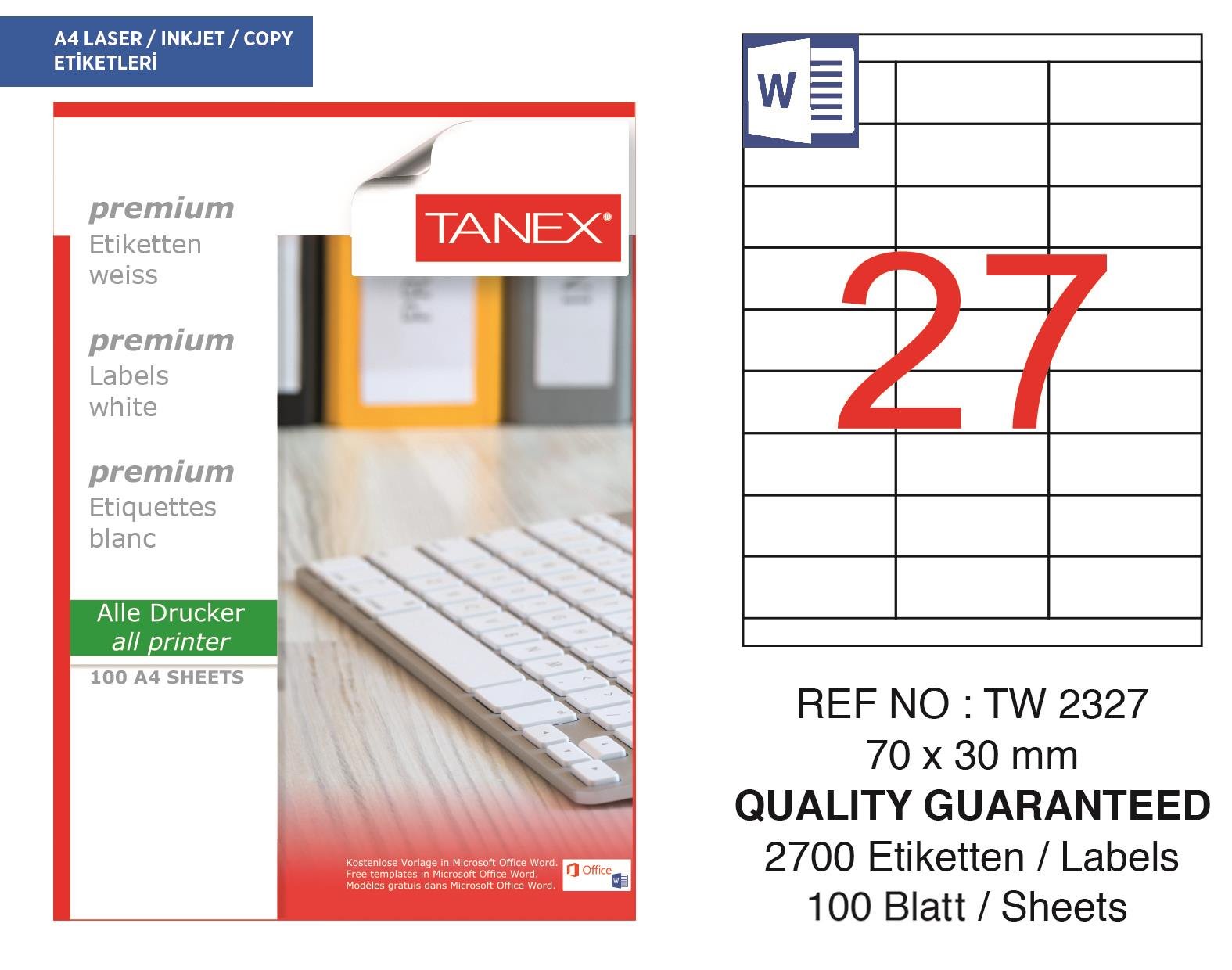 Tanex TW-2327 70x30 mm Lazer Etiket 100 Ad.