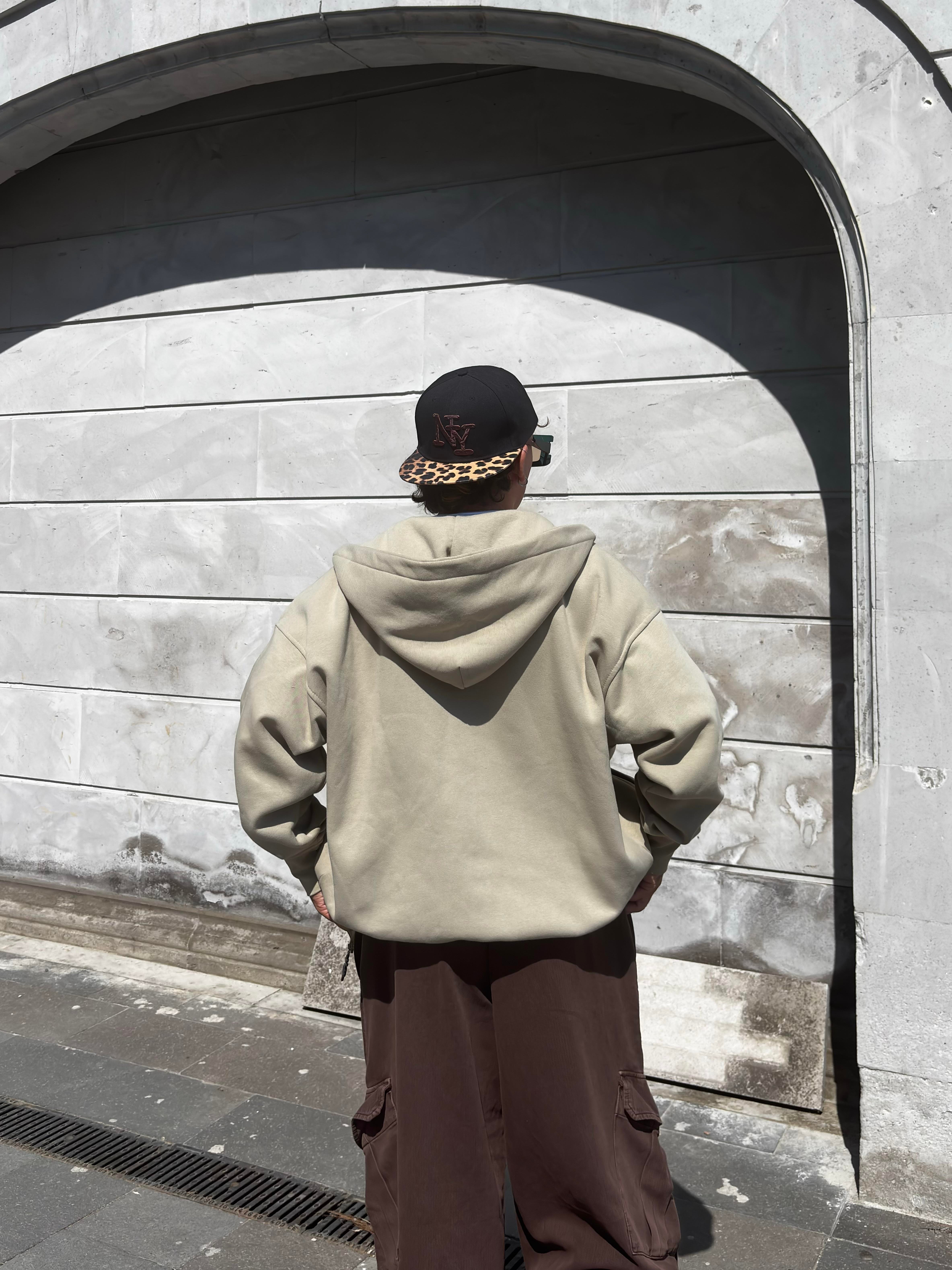  Premium Cream Ton Nakışlı Zipper Oversized Hoodie